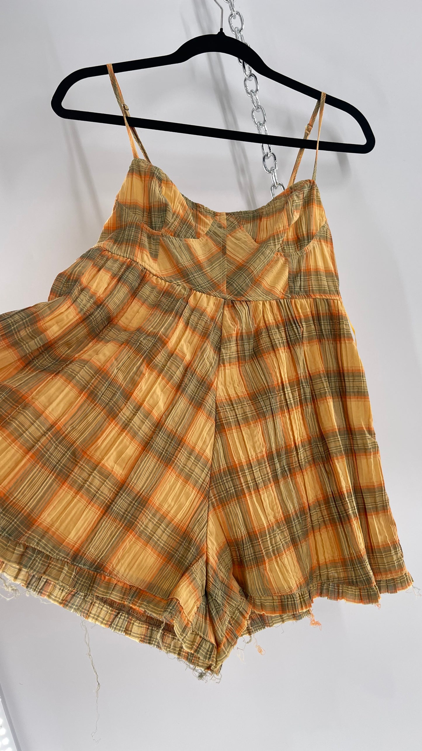 Urban Outfitters Yellow Plaid Playsuit Romper with Faux Bustier Stitching (Small)