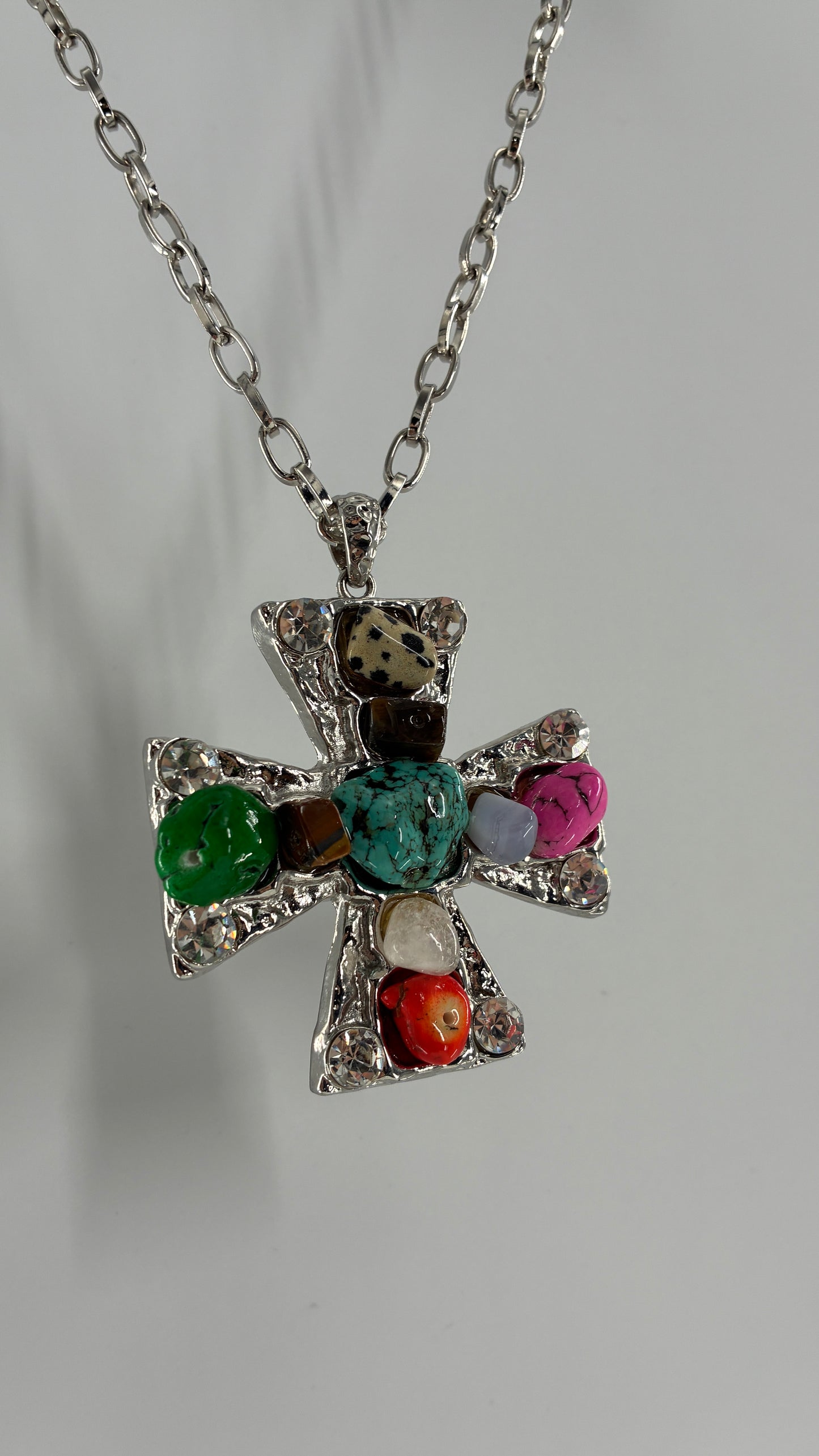 Vintage Silver Heavy Chain Necklace with Hammered Cross Covered in Stones and Rhinestones