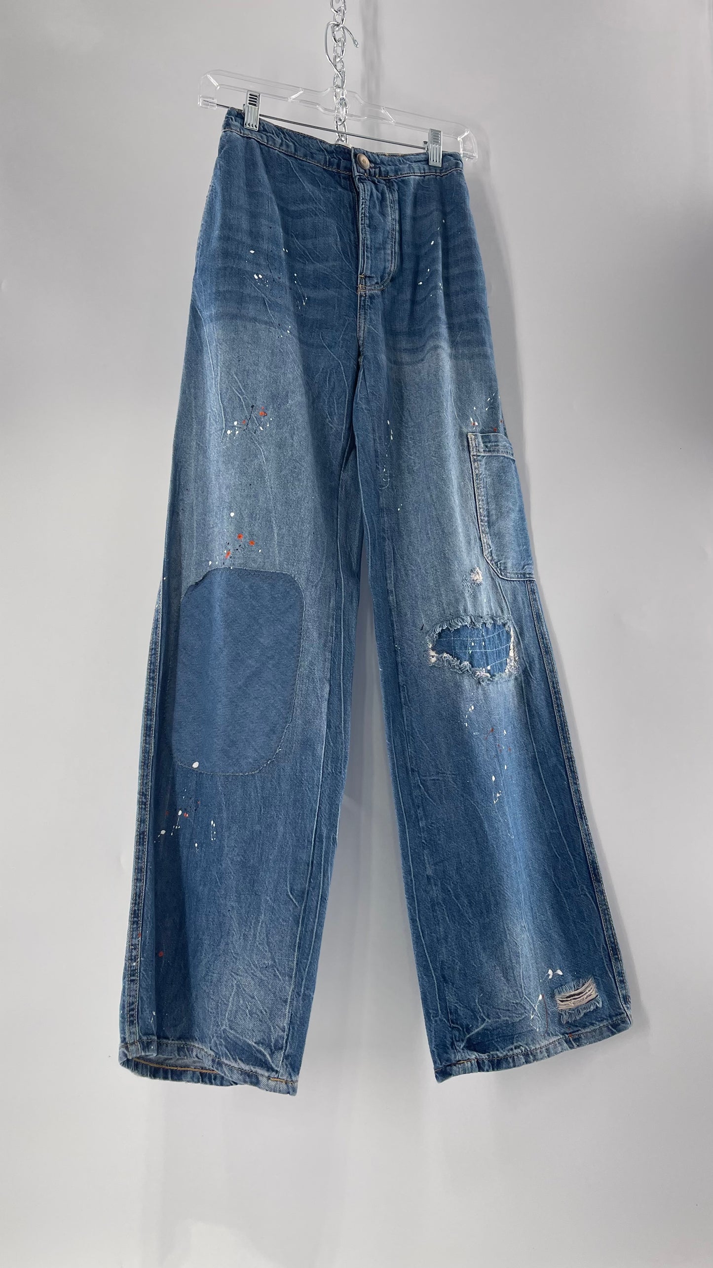 Free People Paint Splash Cargo/Carpenter Starving Artist Slouchy Medium Wash Jeans (24)