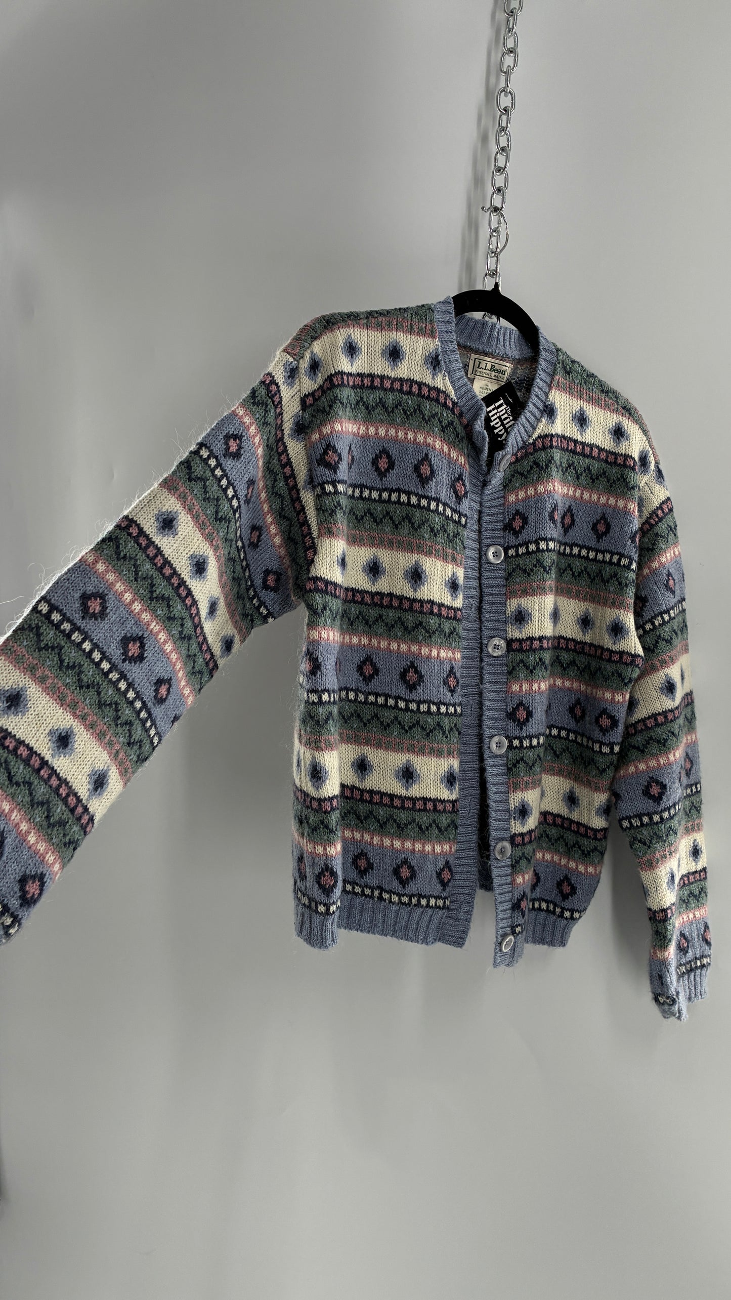 Vintage LL Bean 25% Mohair Striped Knit Blue Green Pink Cardigan (XL)