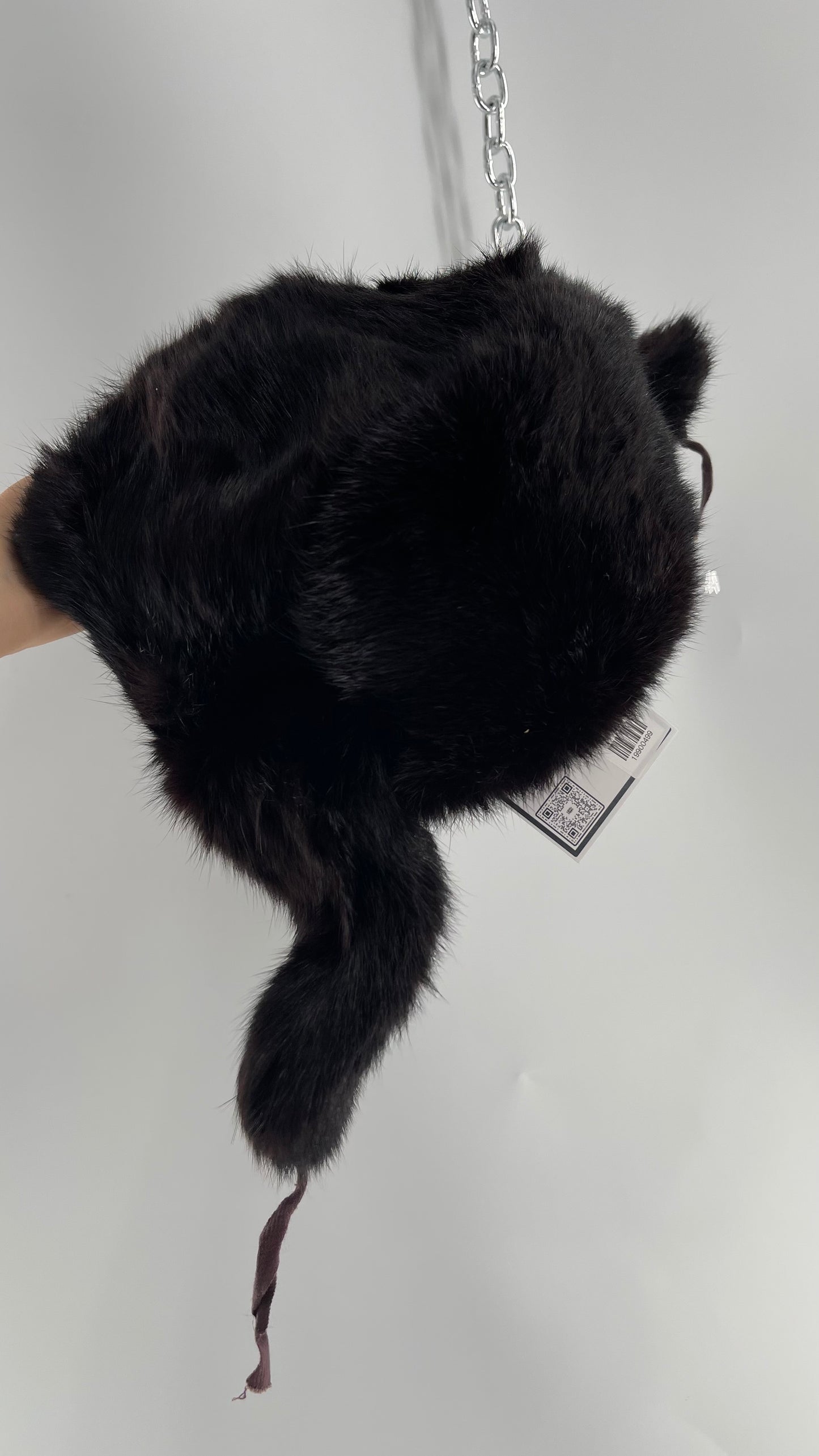 Vintage Russian Black Genuine Rabbit Fur Roller Hat with Pull Down Ear Muff Flaps