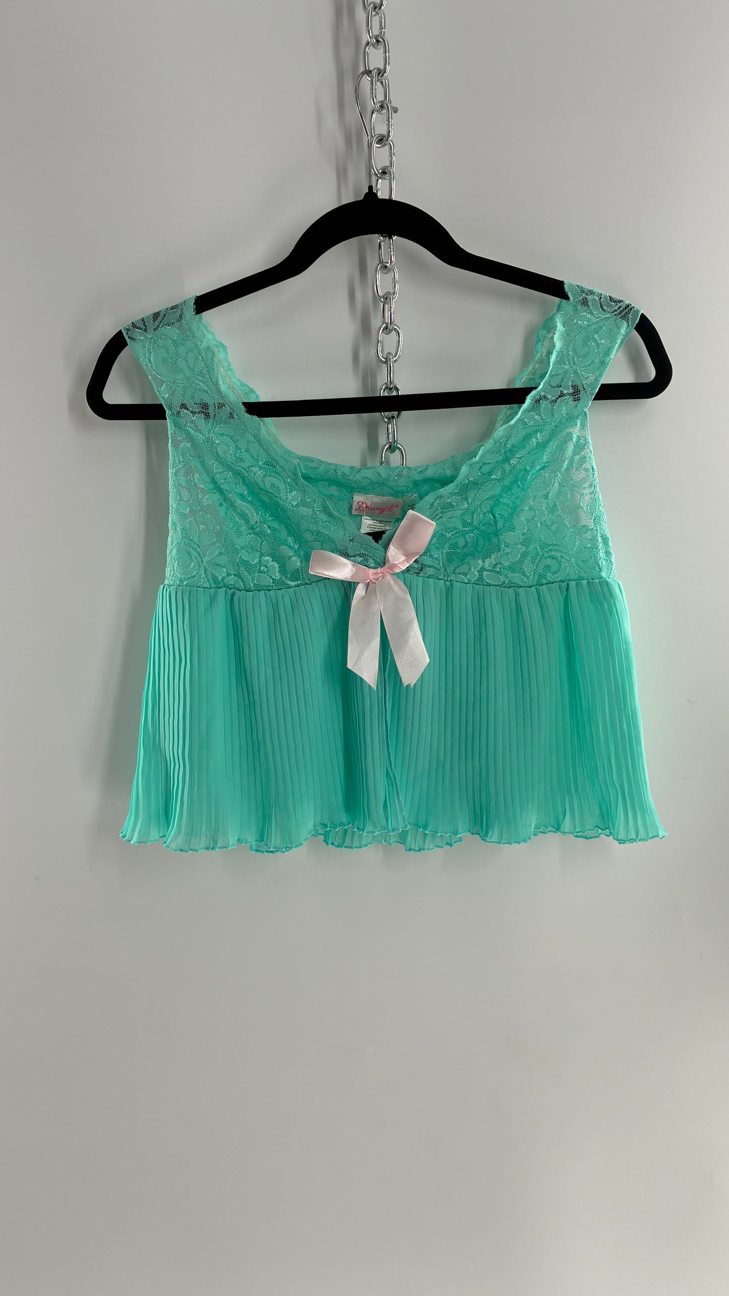 DREAMGIRL Vintage 1990s Teal Wide Neck Babydoll Camisole with Baby Pink Bow (Medium)