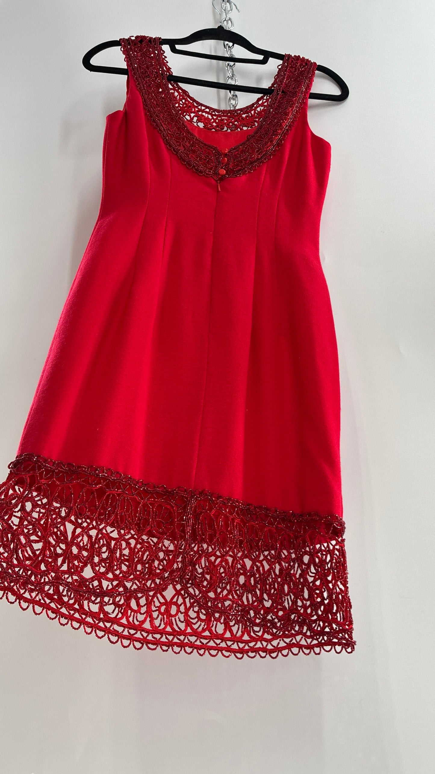 Vintage CARMEN MARC VALVO Red 100% Fitted, Tailored Wool Dress with Beaded Hem and Neckline (6)