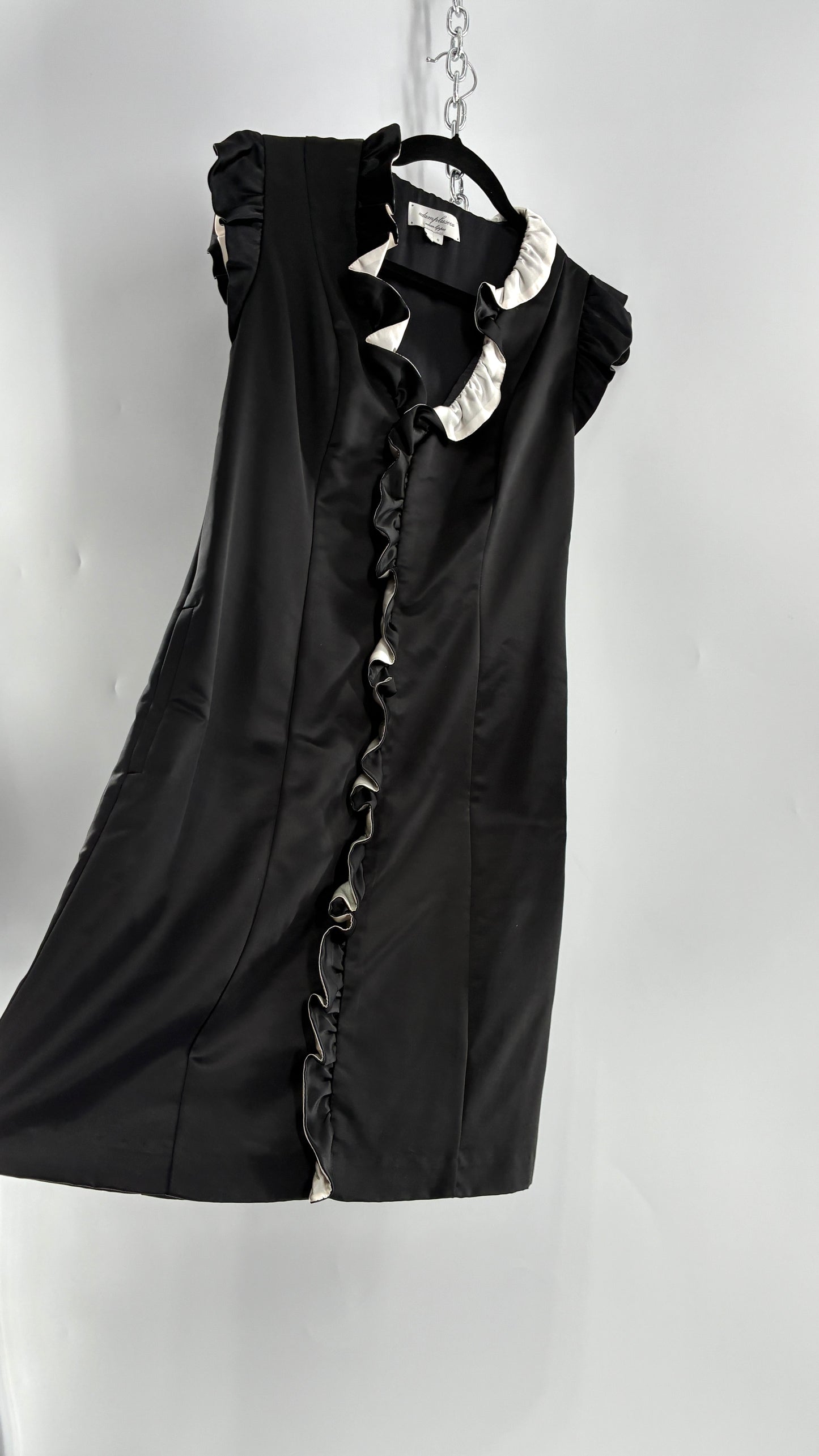 Vintage ADAM PLUS EVE Adam Lippes 58% Wool Black Paneled, Tailored Dress with White Ruffles (6)