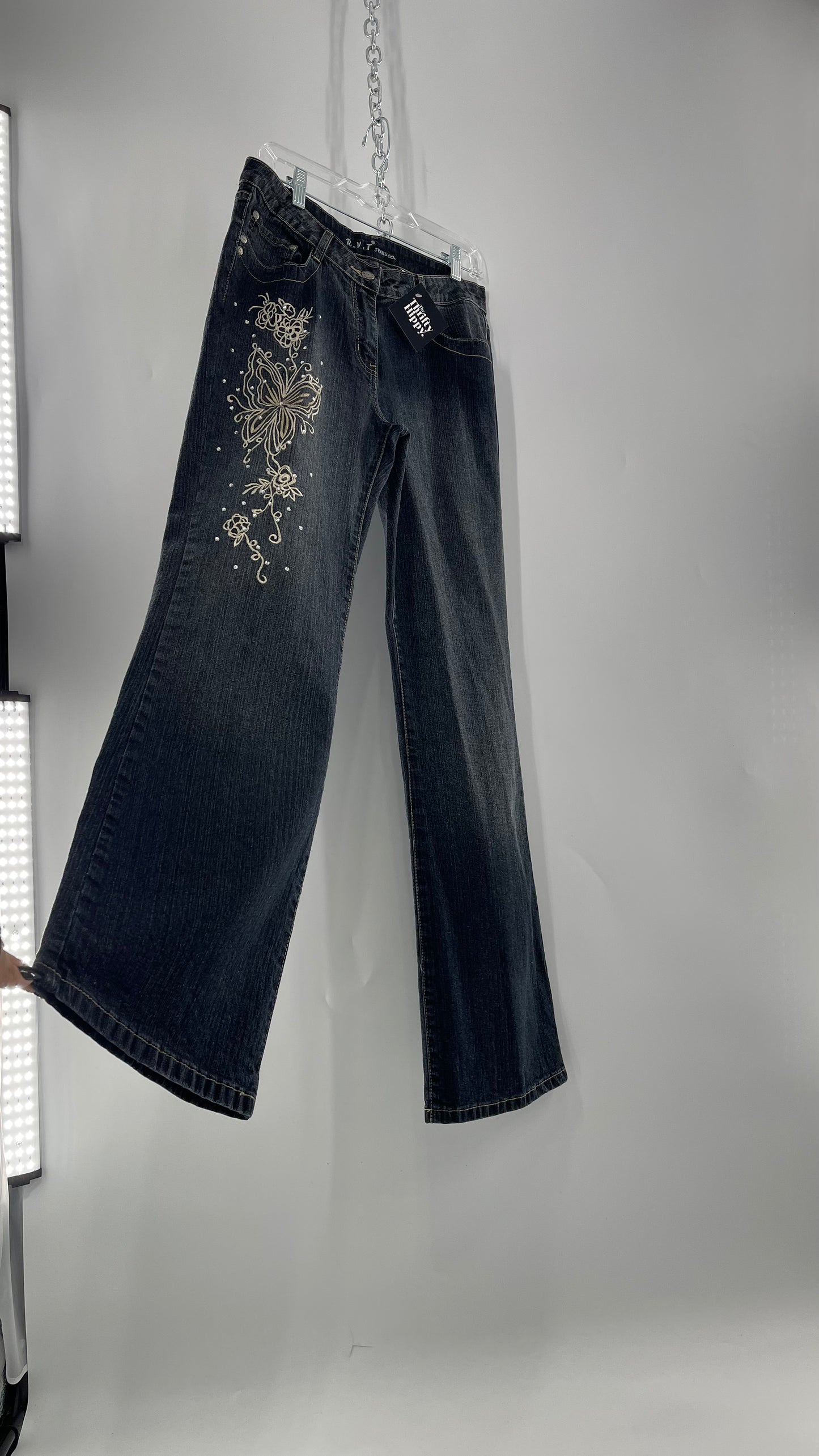 Vintage RVT Grey Kickflare Jeans with Butterfly Embroidery and Rhinestone Embellishment (9/10)