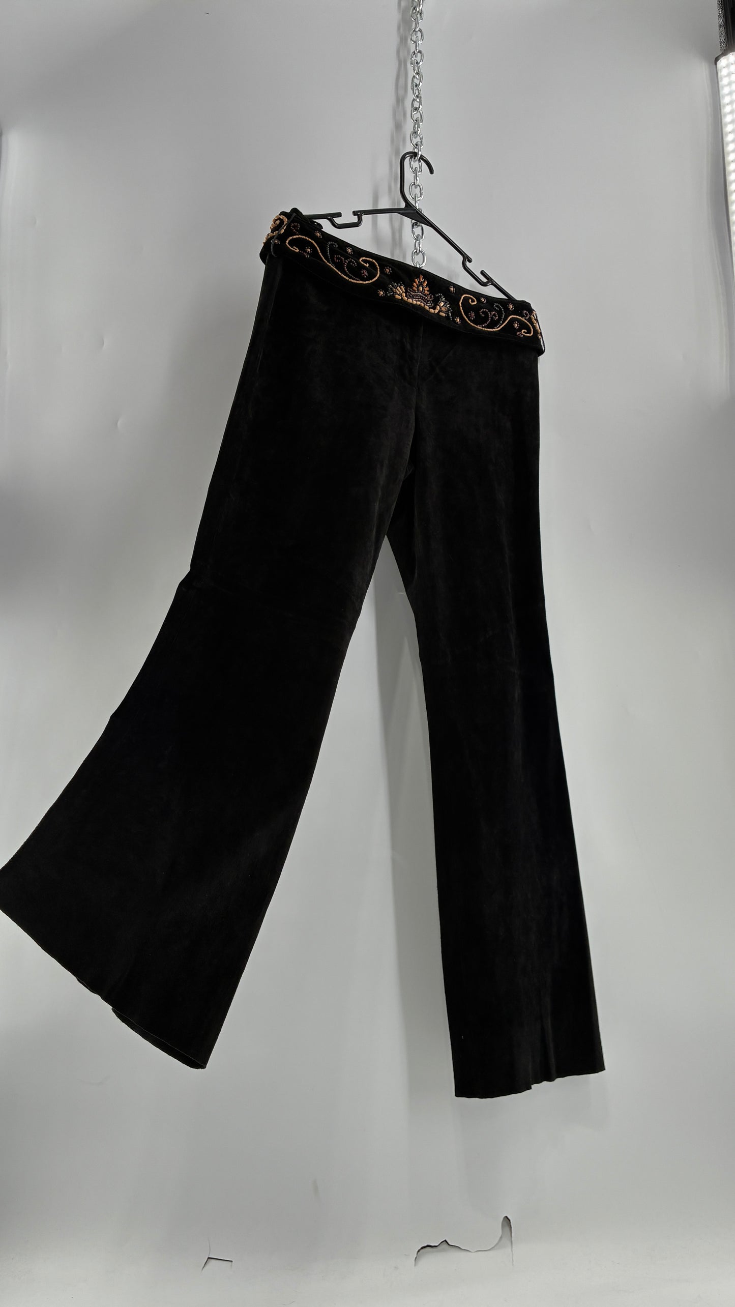 Vintage Margaret Godfrey Black Genuine Suede Leather Kick Flares with Wide Beaded Belt (10)