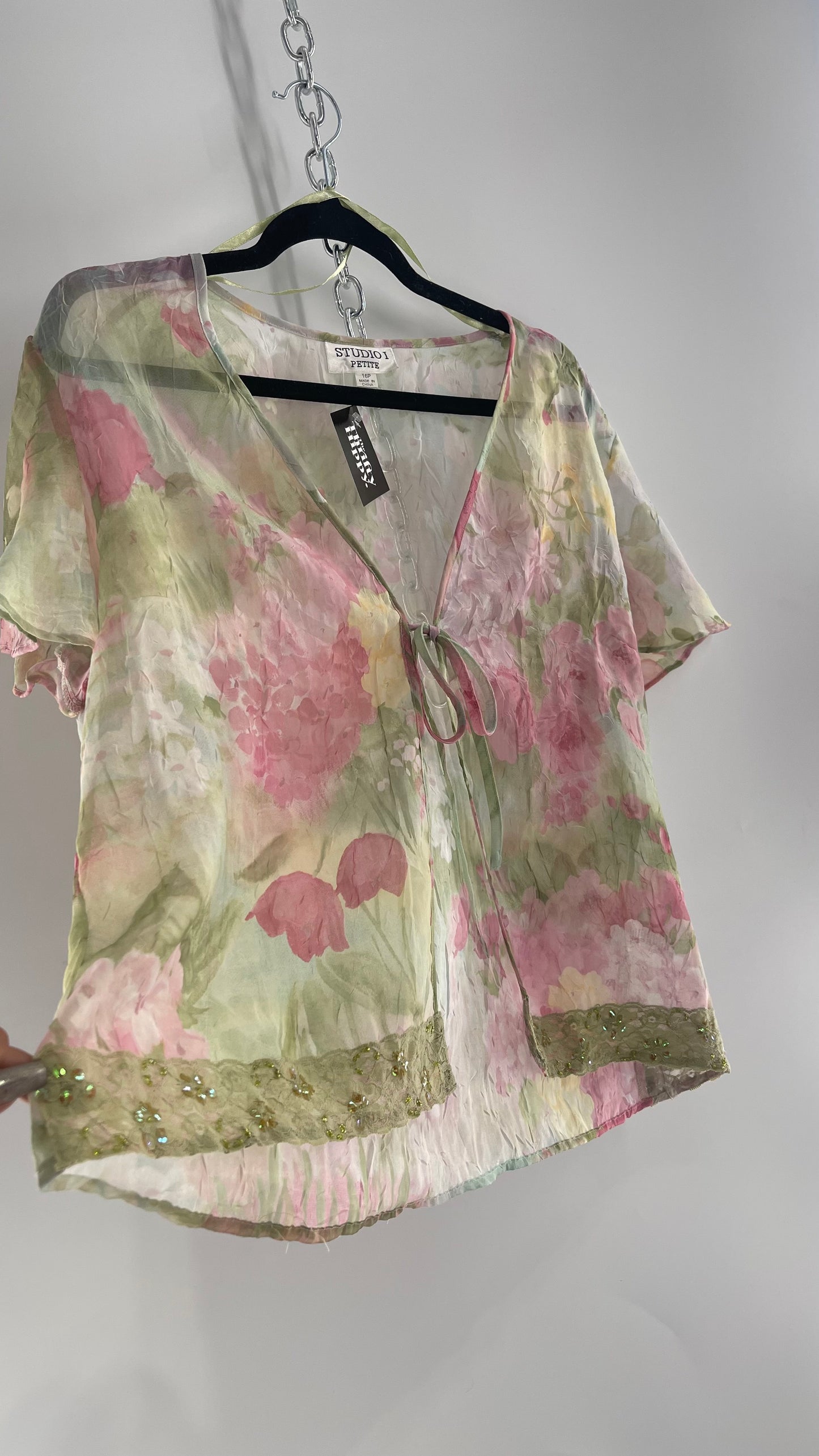 Vintage STUDIO 1 Bow Front Crinkled Floral Blouse Lace Trim Hem (Large)