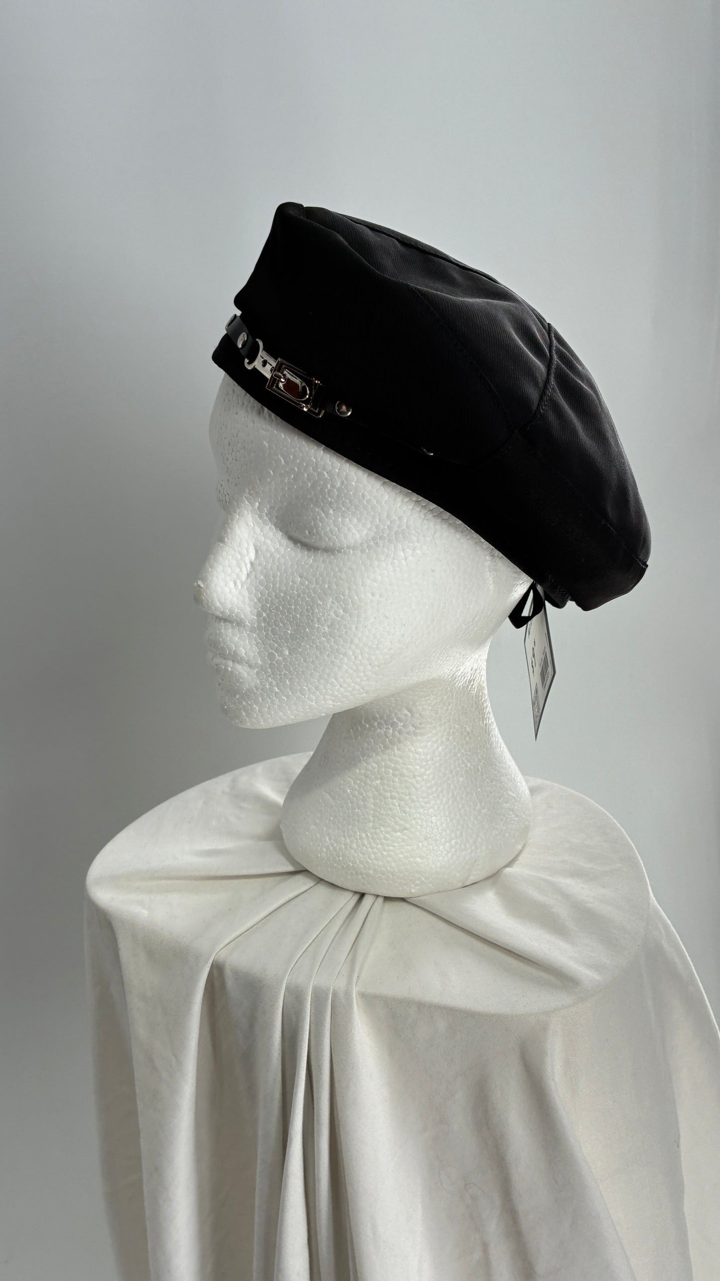 Black Beret with Vegan Leather Strap with Silver Metal Hardware