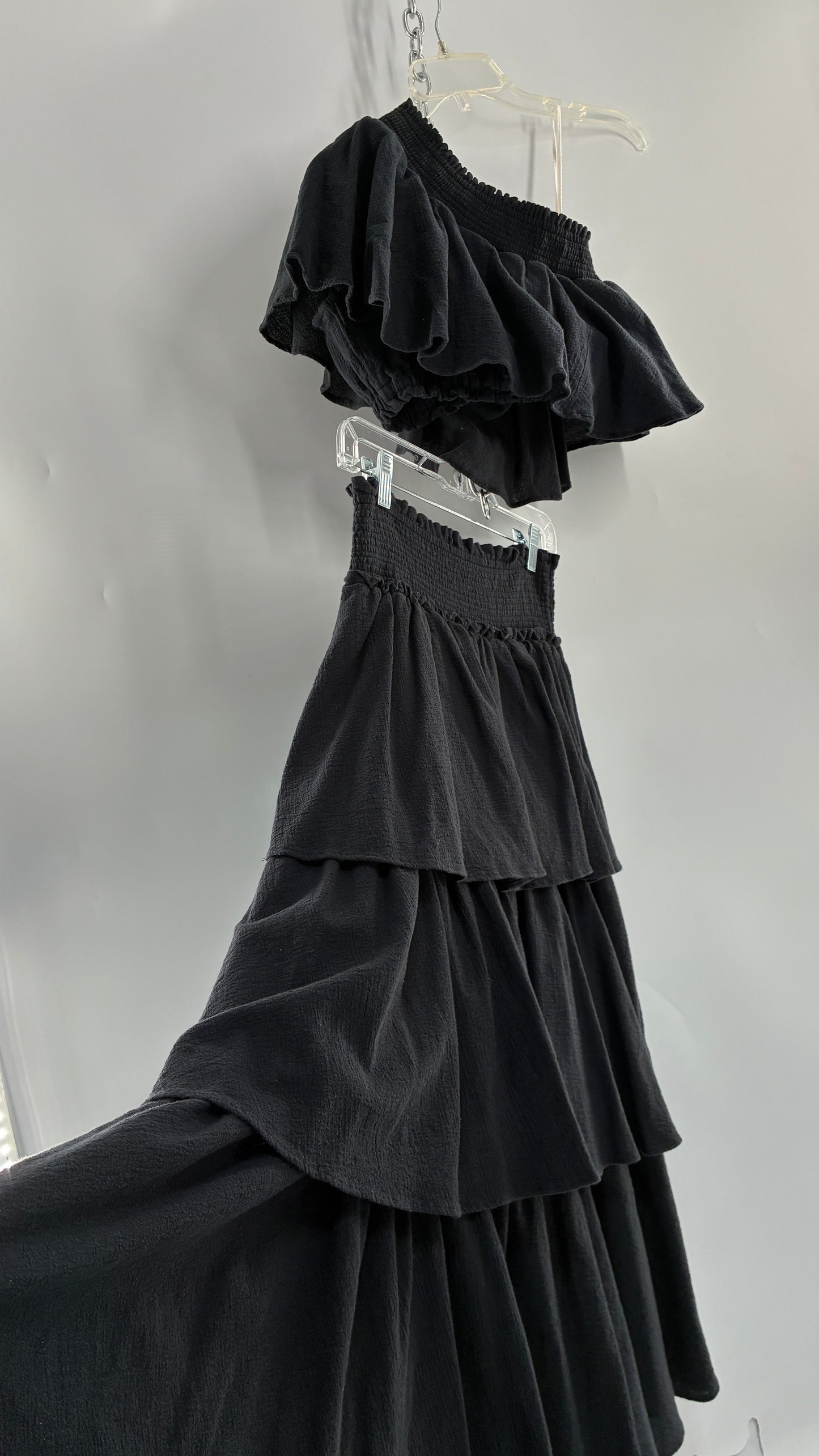 Free People Black Ruffled One Shoulder Top and Ruffled Full Length Skirt Set (XS/S)