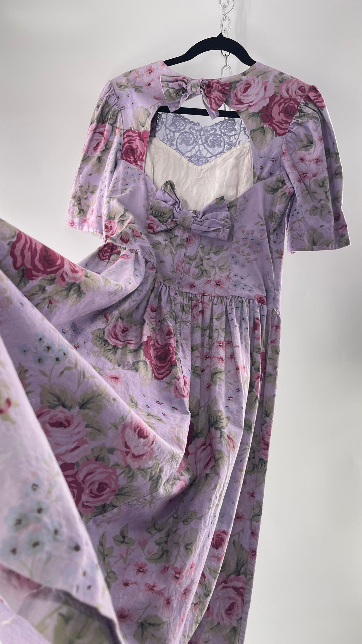 Vintage Urban Renewal Reworked and Upcycled Misty Lane Lilac/Lavender Floral Fit/Flare Dress with Sweetheart Neckline, Lace Detail and Bow Adorned Open Back (11/12)