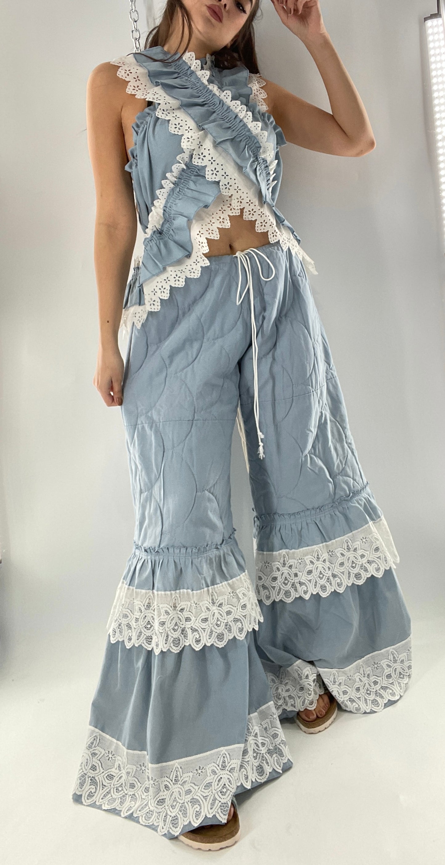 Vintage 2 Piece Powder Blue Set Featuring 2Way Blouse and Quilted Trousers Covered in Ruffles, Lace and Trim (One Size)