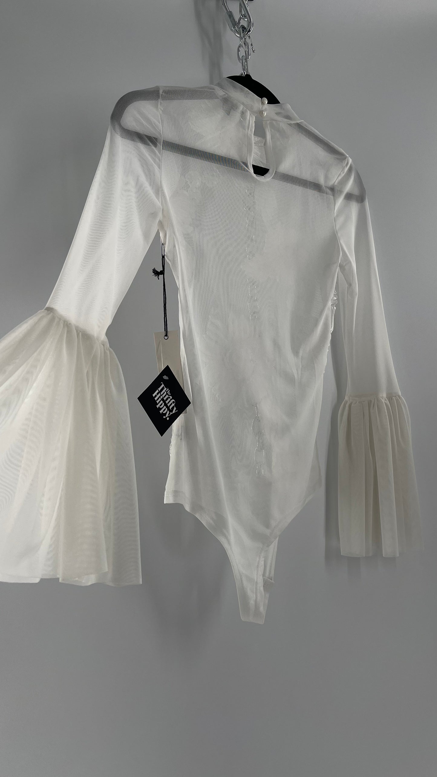 Haute Monde White Mesh Bodysuit with Ribbon Embroidery, Bell Sleeves and Tags (Small)