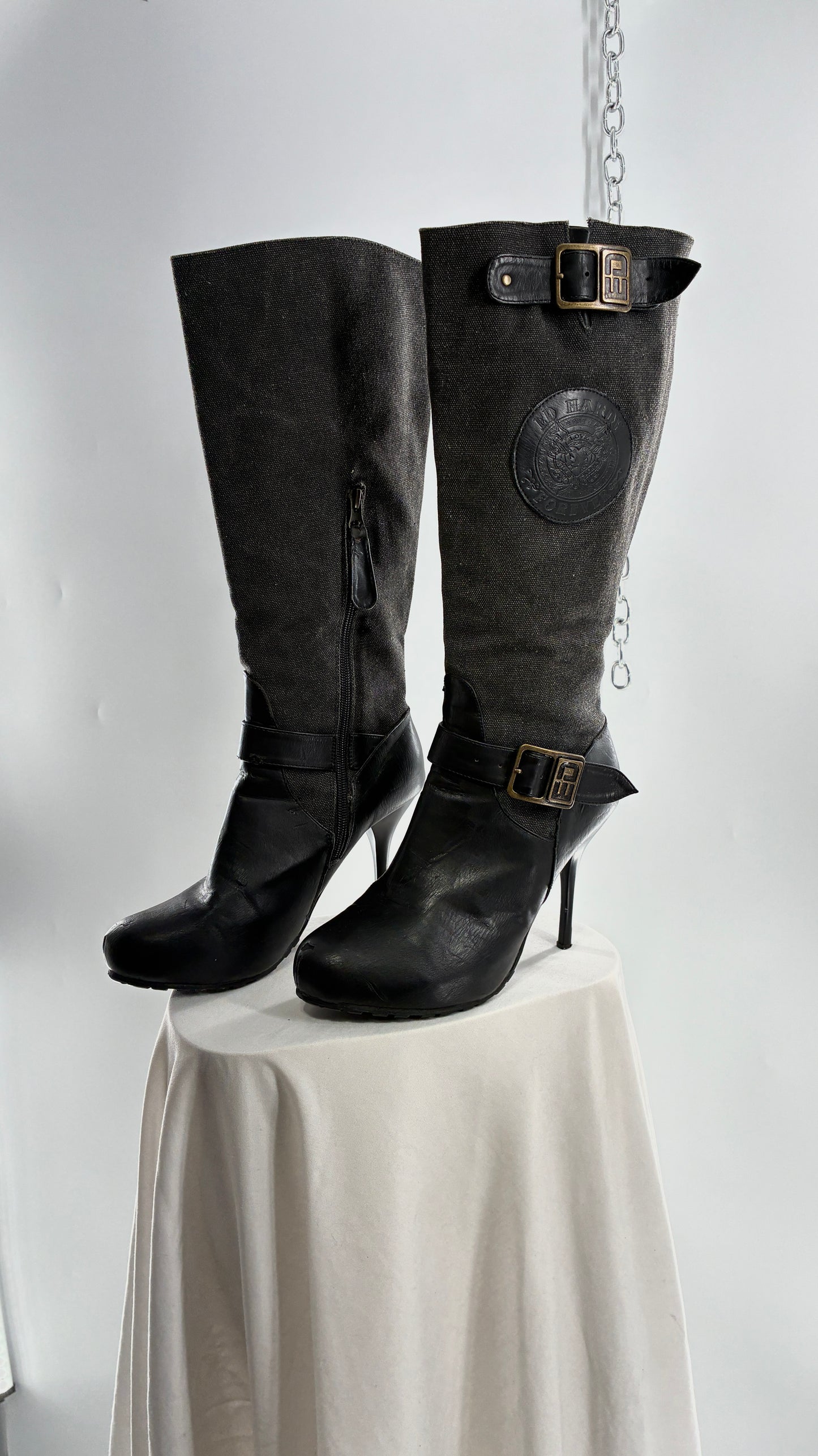 Vintage ED HARDY Stiletto Boots with Embossed Buckles and Badges (9)