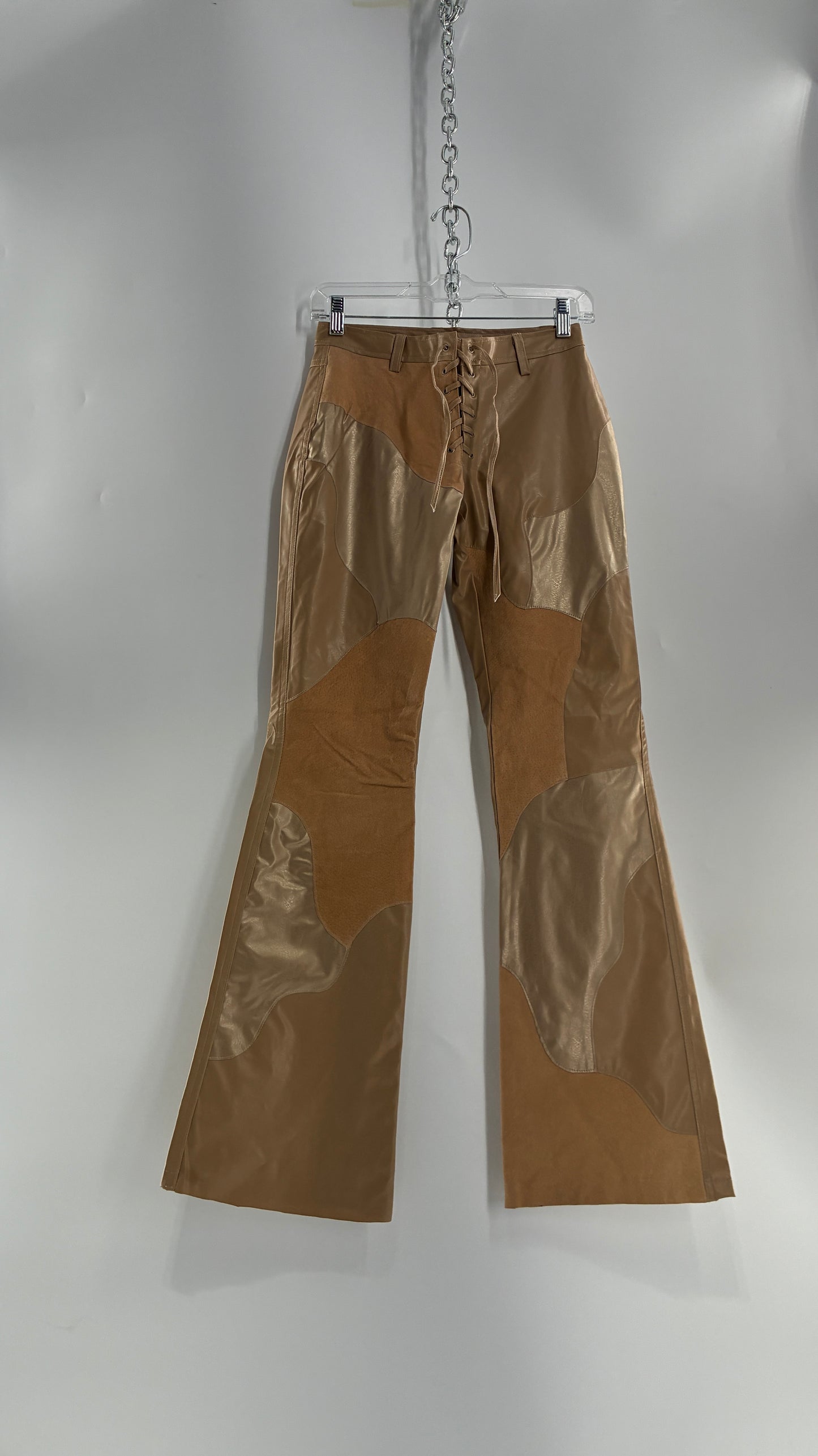 Vintage OUTER EDGE Patchwork Vegan Leather Kickflares with Tie Up Waistline (3)
