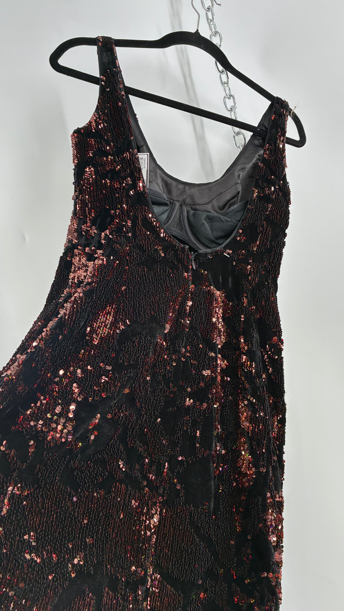 MILLY Cora Velvet, Black and Rose Gold Sequin Mini Dress with Built in Corset (4)