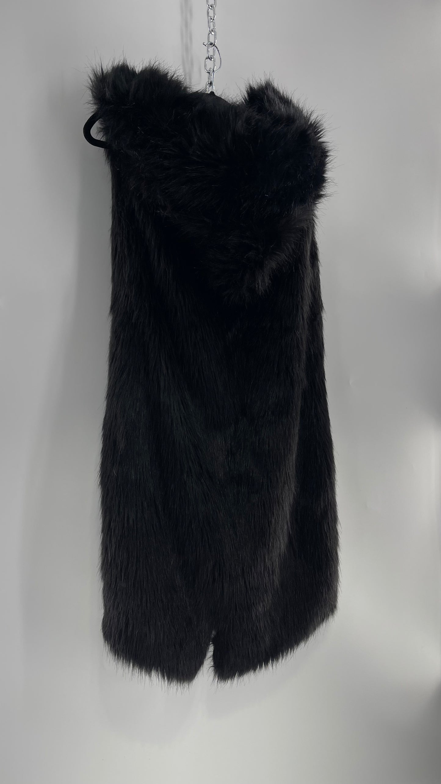 Full Length Black Fuzzy Sleeveless Vest with Oversized Hood (Medium)