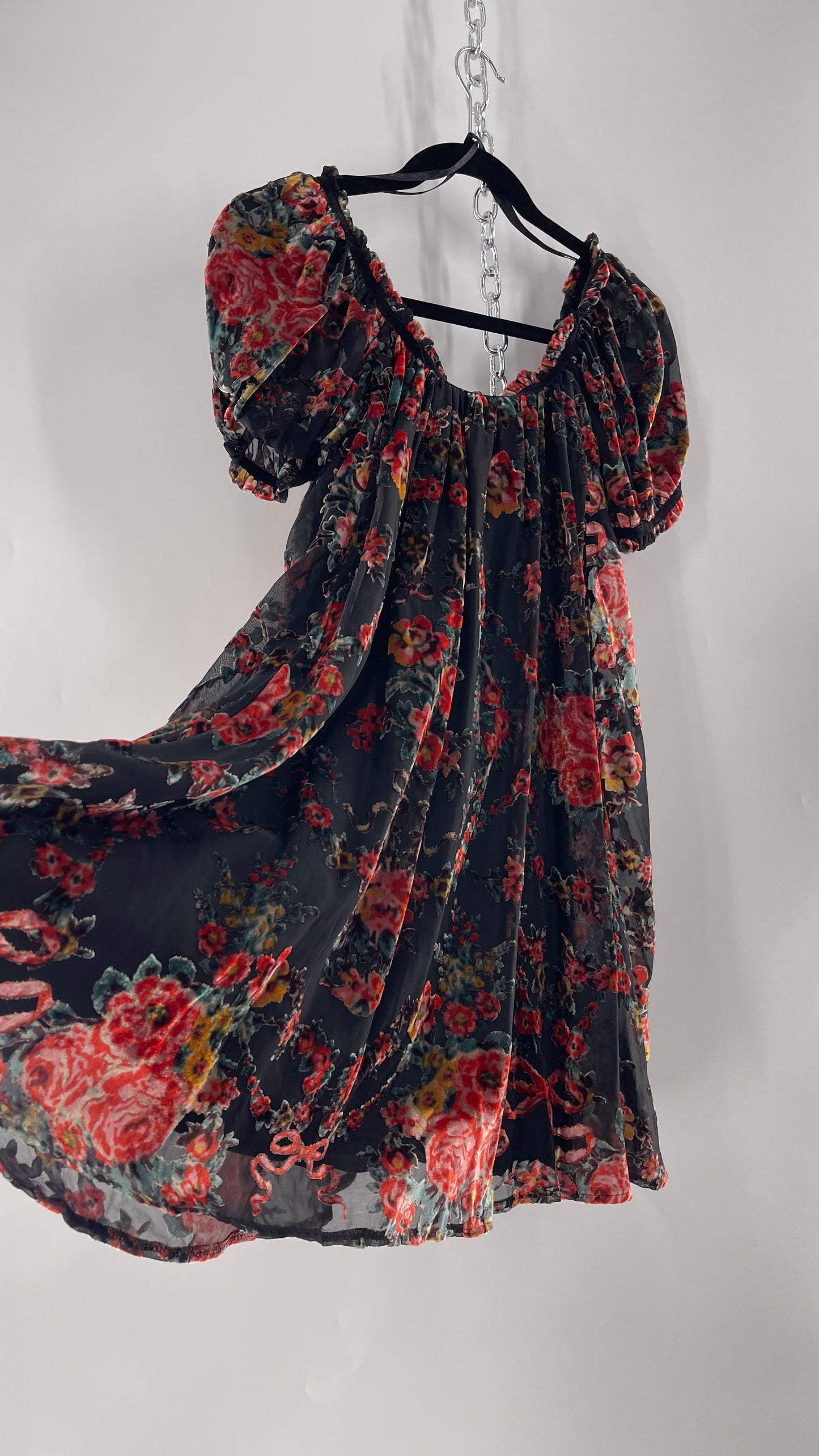 Free People Beautiful Blooms Velvet Florals Babydoll Dress (Small)