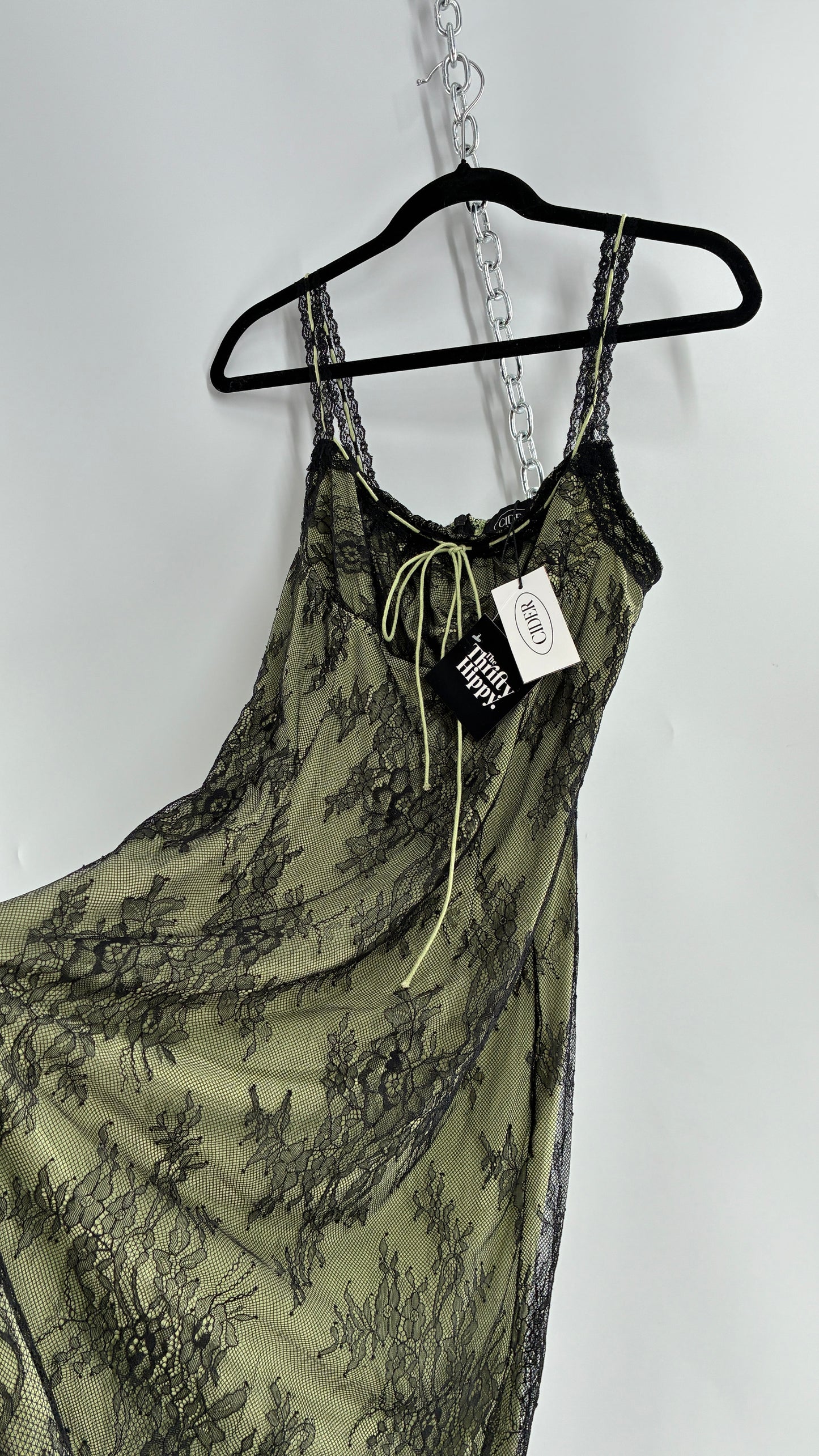 CIDER Green Midi Dress with Black Overlay Lace (Large)