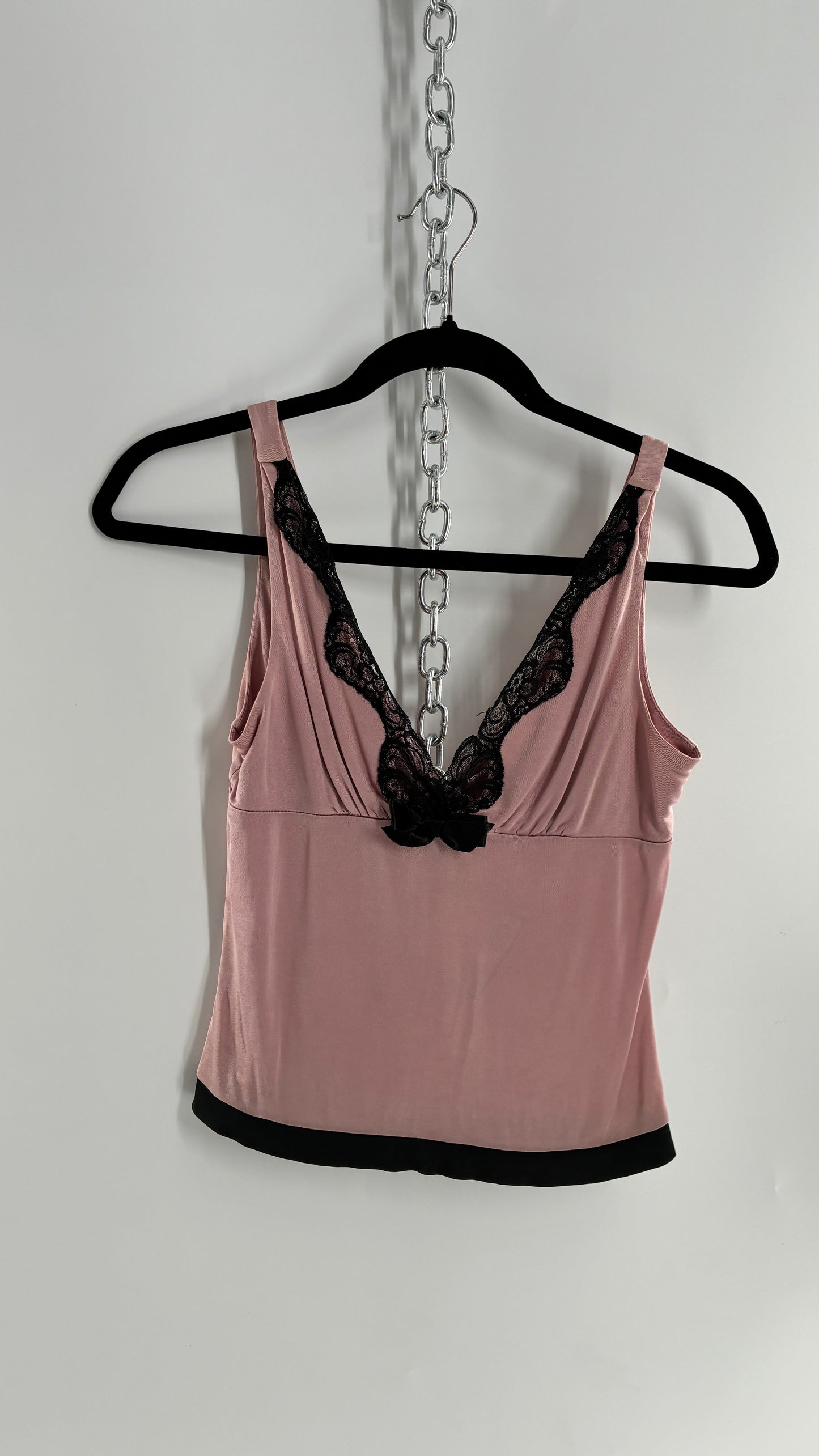 Vintage 1990s Express Dusty Pink Camisole with Black Lace Details and Bow Bust (XS)