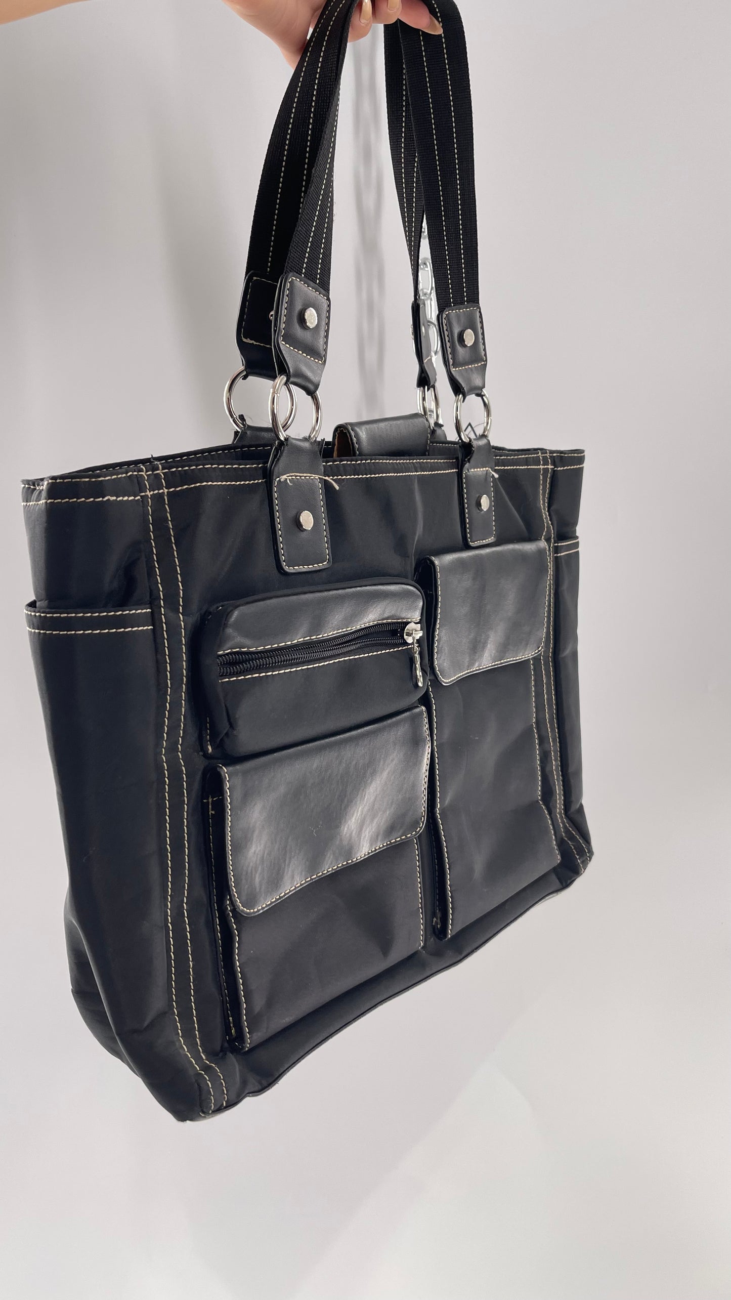 Vintage Oversized Black Exaggerated Pocket Tote Bag with Contrast Stitching
