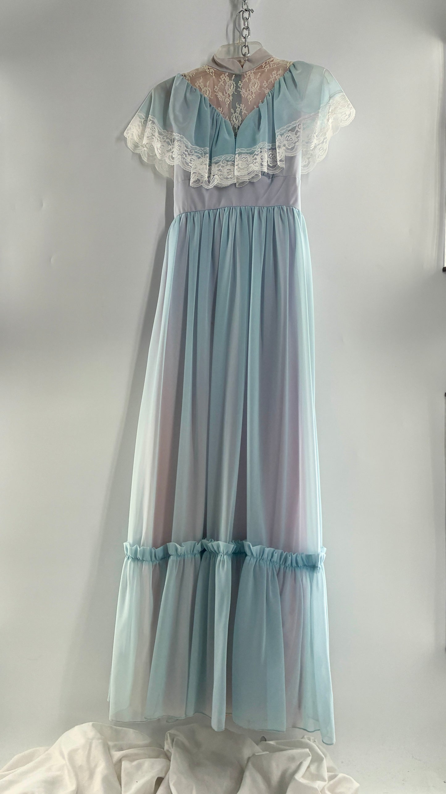 Vintage Handmade 1960s Powder Blue Overlay, Lilac Underlay Gown, Prairie Wedding Dress