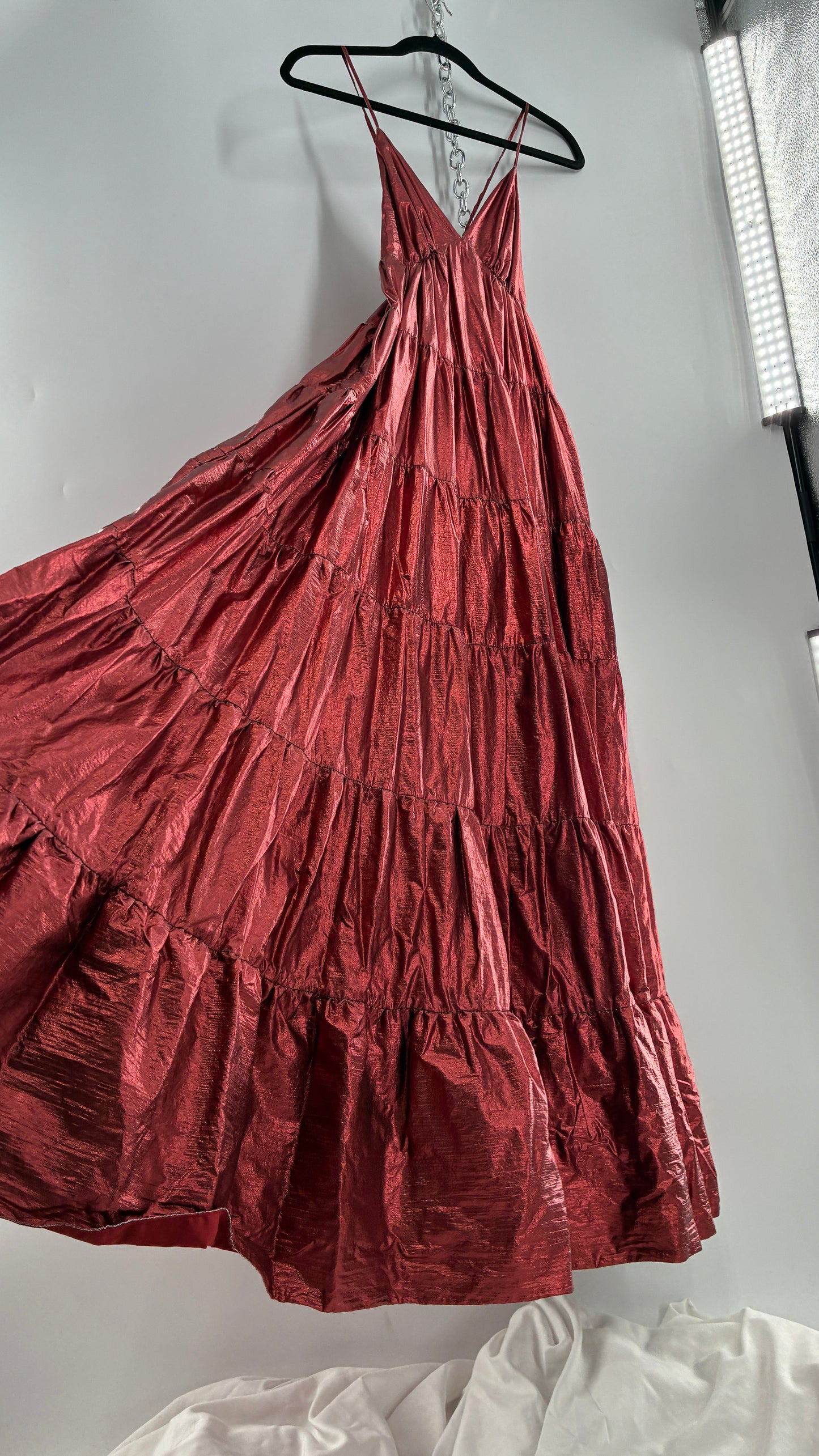 HUTCH Red Metallic Tiered Voluminous Maxi Gown (XS)