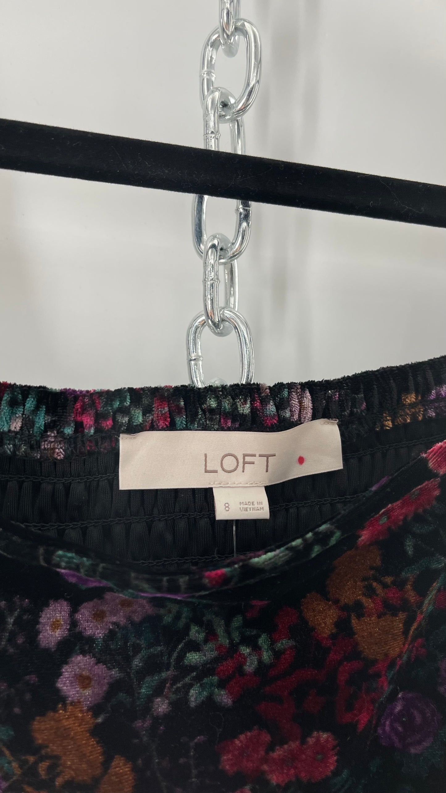 LOFT Velvet Dark Floral Full Length Dress with Puff Sleeves and Smocked Back with Tags Attached (8)