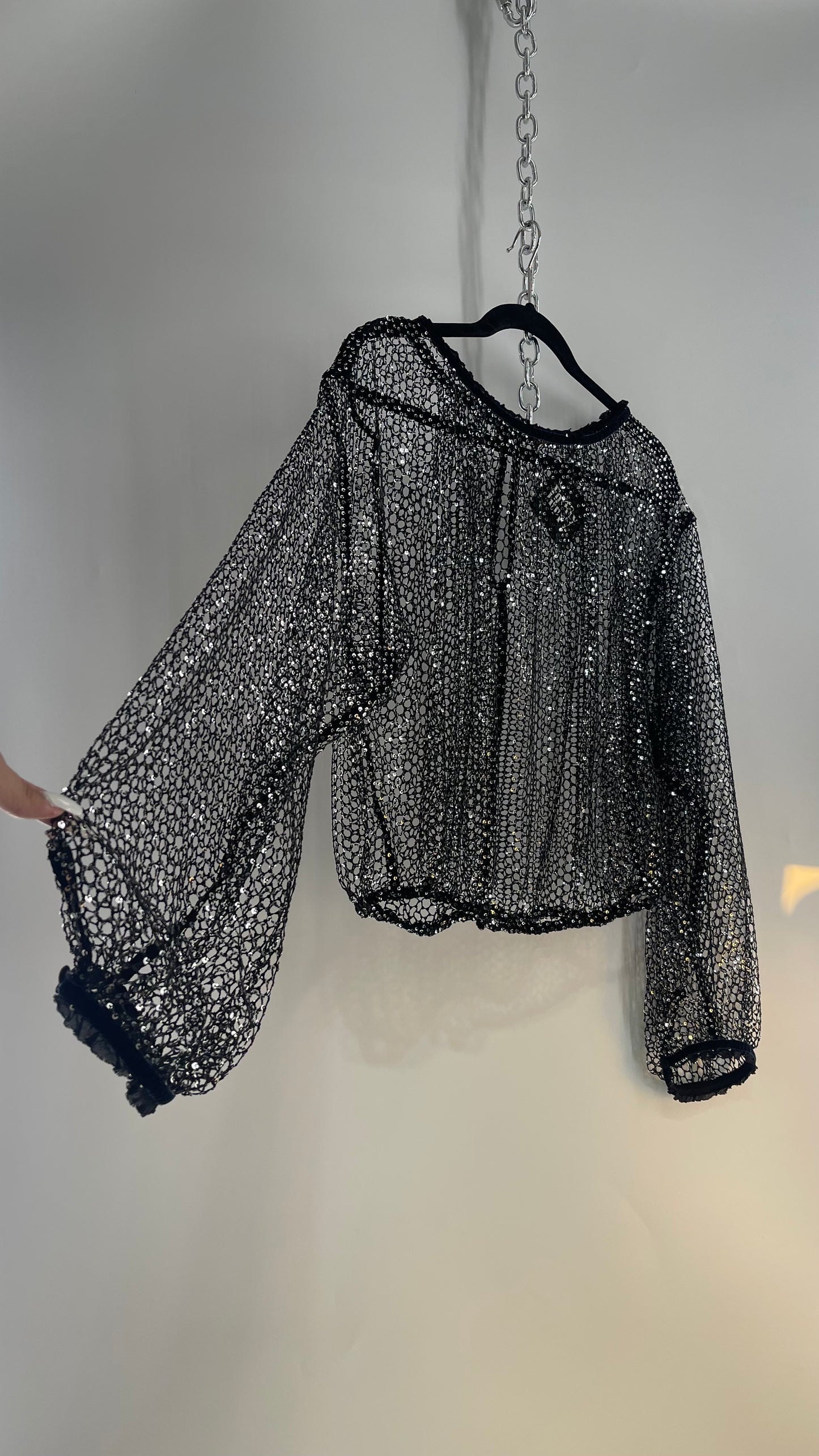 Free People Disco Black Mesh Blouse with Velvet Ribbon Trim (S/M)