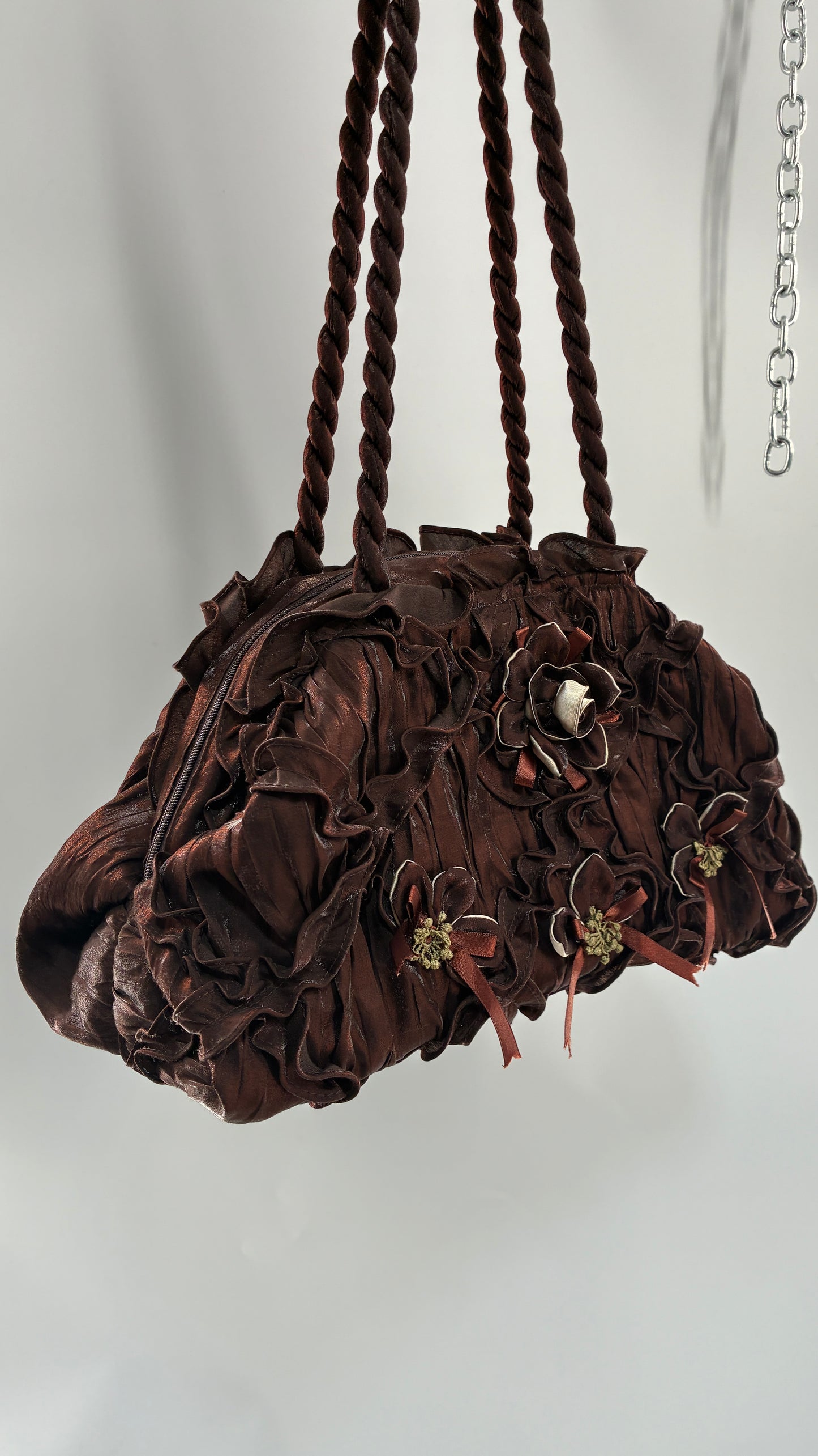 Vintage Oversized Brown Slouchy Purse with Embroidered Rosettes and Braided Strap