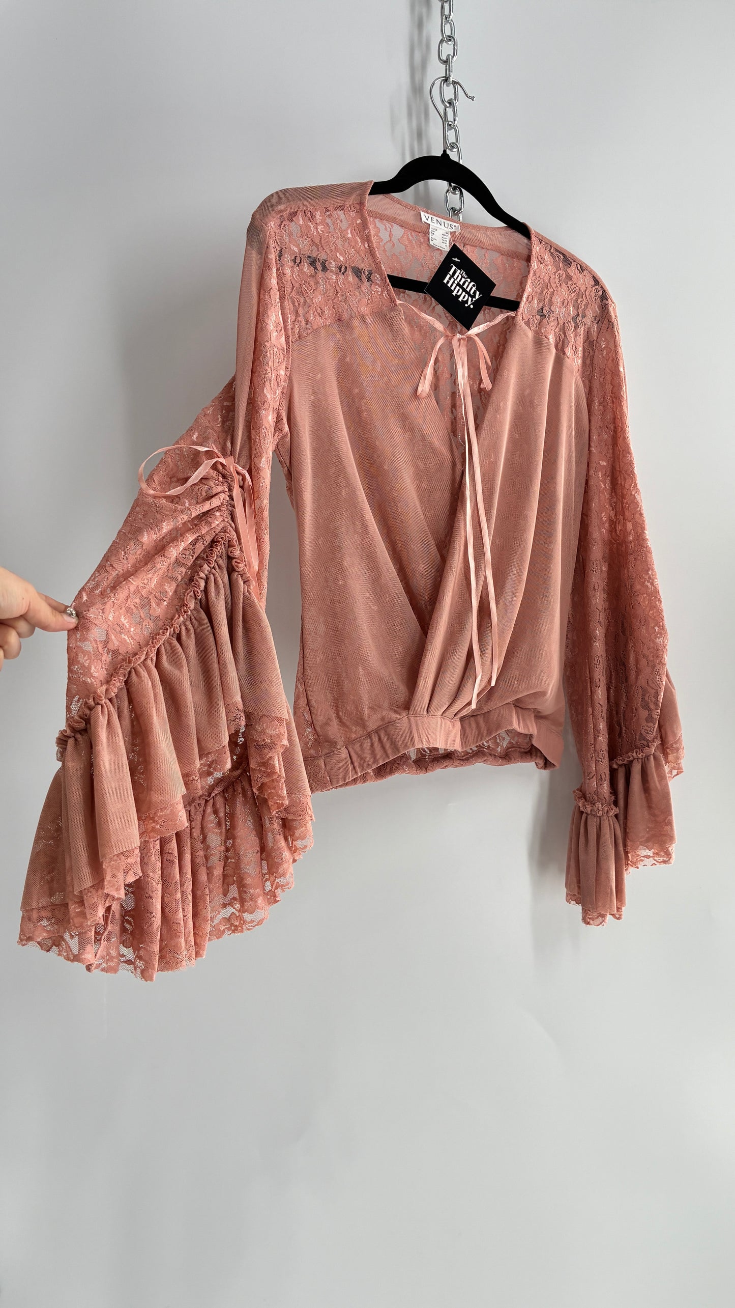Vintage VENUS Blush Pink Lace Blouse with Voluminous Multi-Layer Bell Sleeves (Medium)