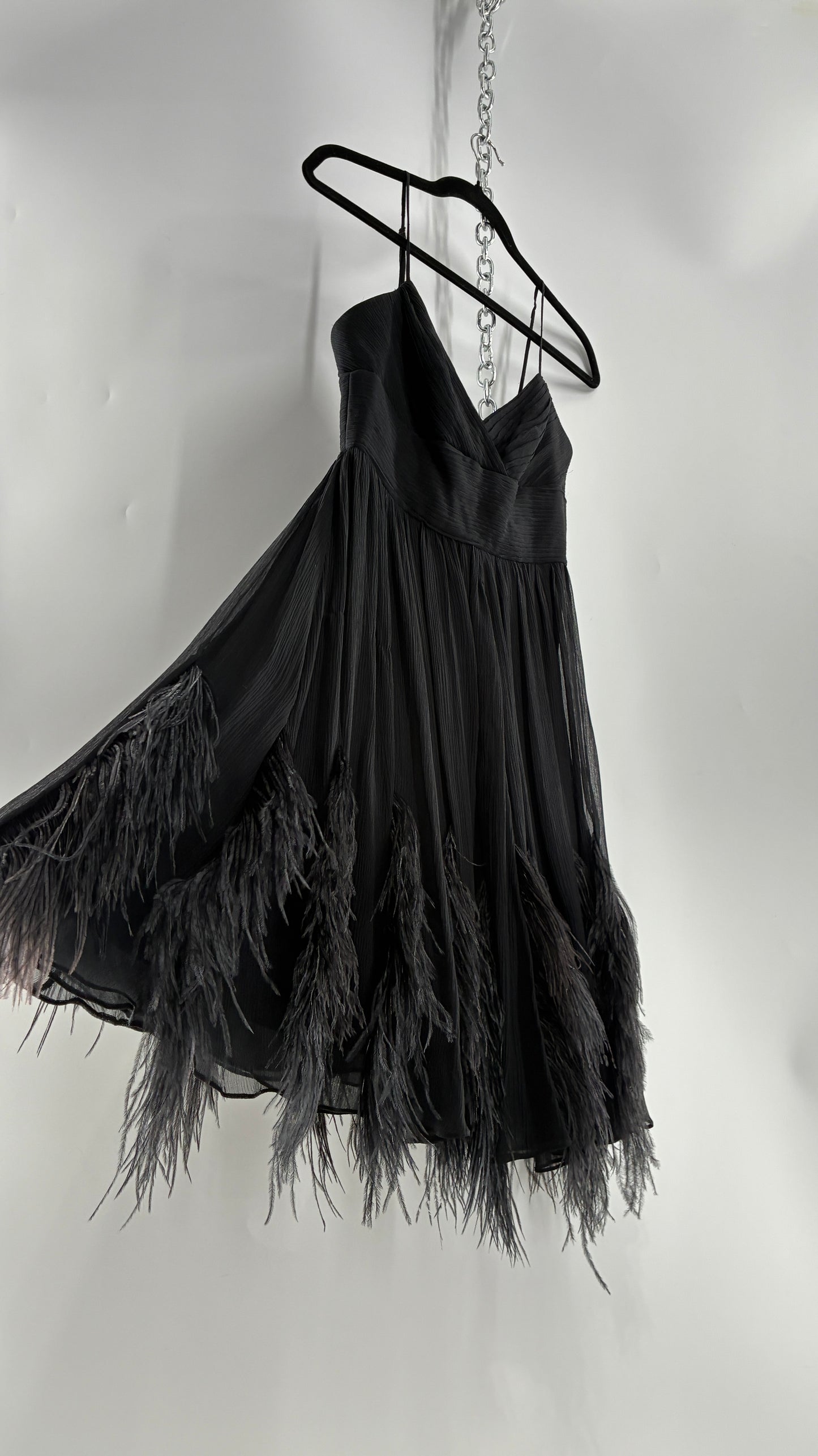 Vintage BCBGMAXAZRIA Crimped Black Dress with Ostrich Feather Details (6)