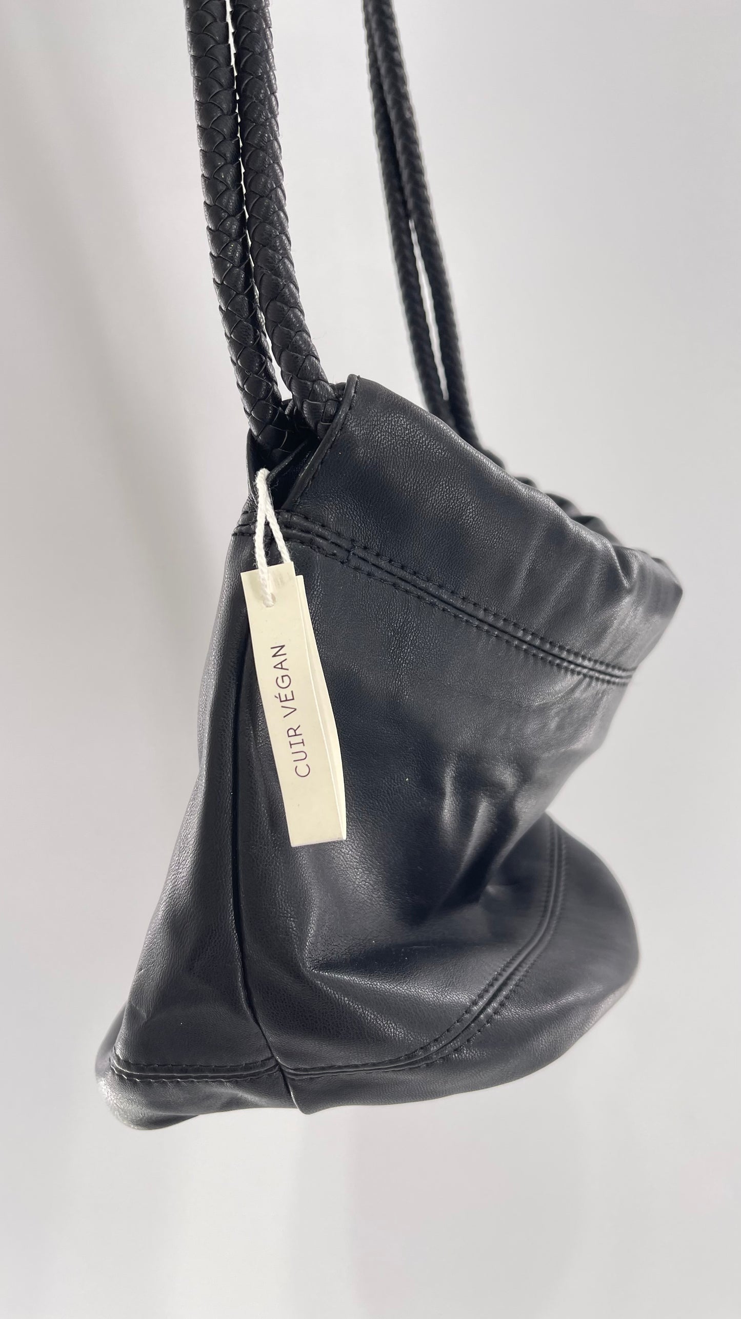 Urban Outfitters Black Adjustable Bucket Tank Vegan Leather Bag with Braided Handles