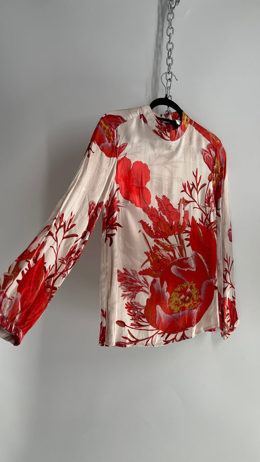 KAREN BY SIMONSEN Silky Champagne and Red Floral Patterned Balloon Sleeve Blouse (34)