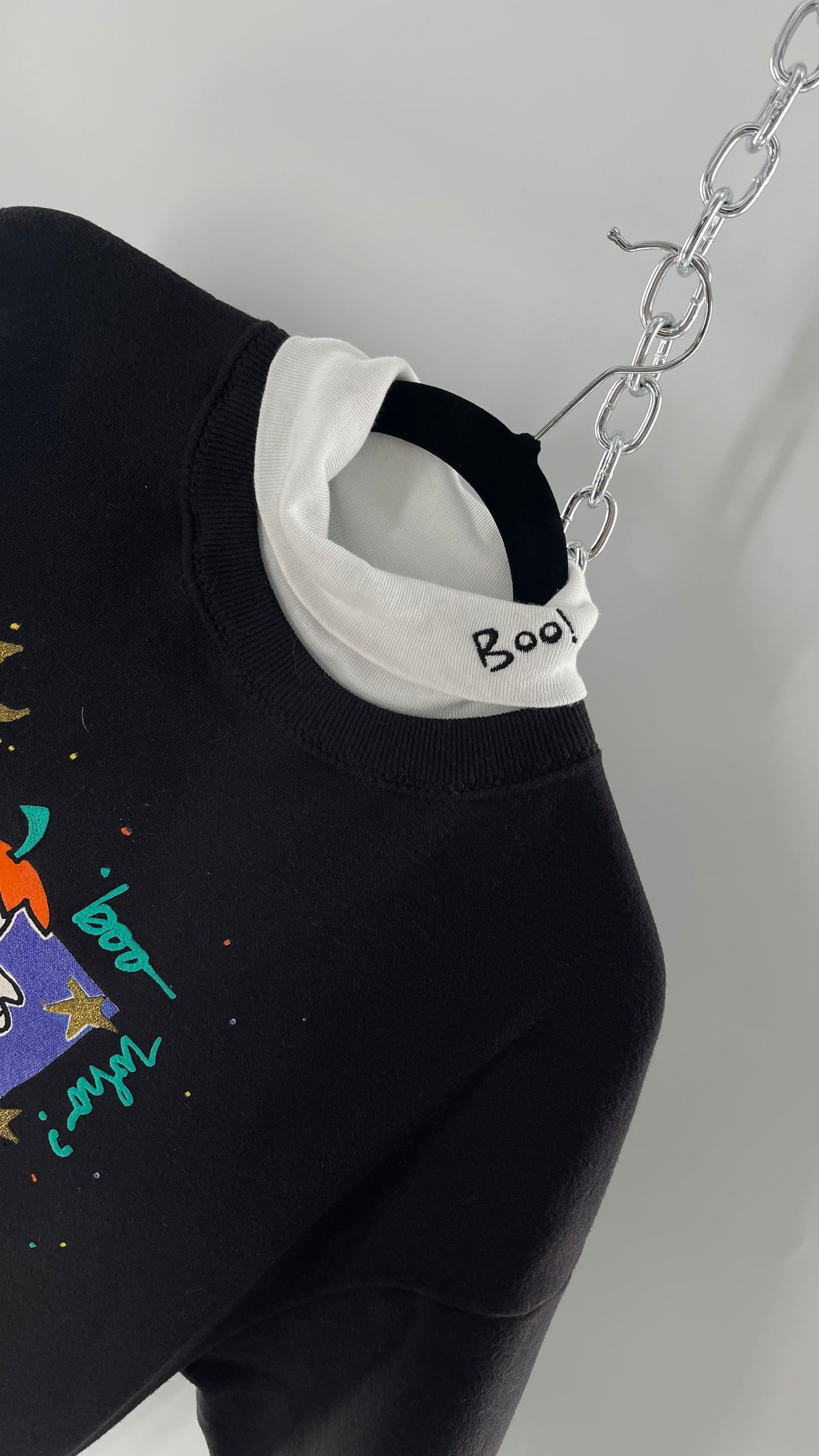 Vintage Black Halloween Graphic Crewneck with White Turtleneck Detail and Boo Embroidery (Large)