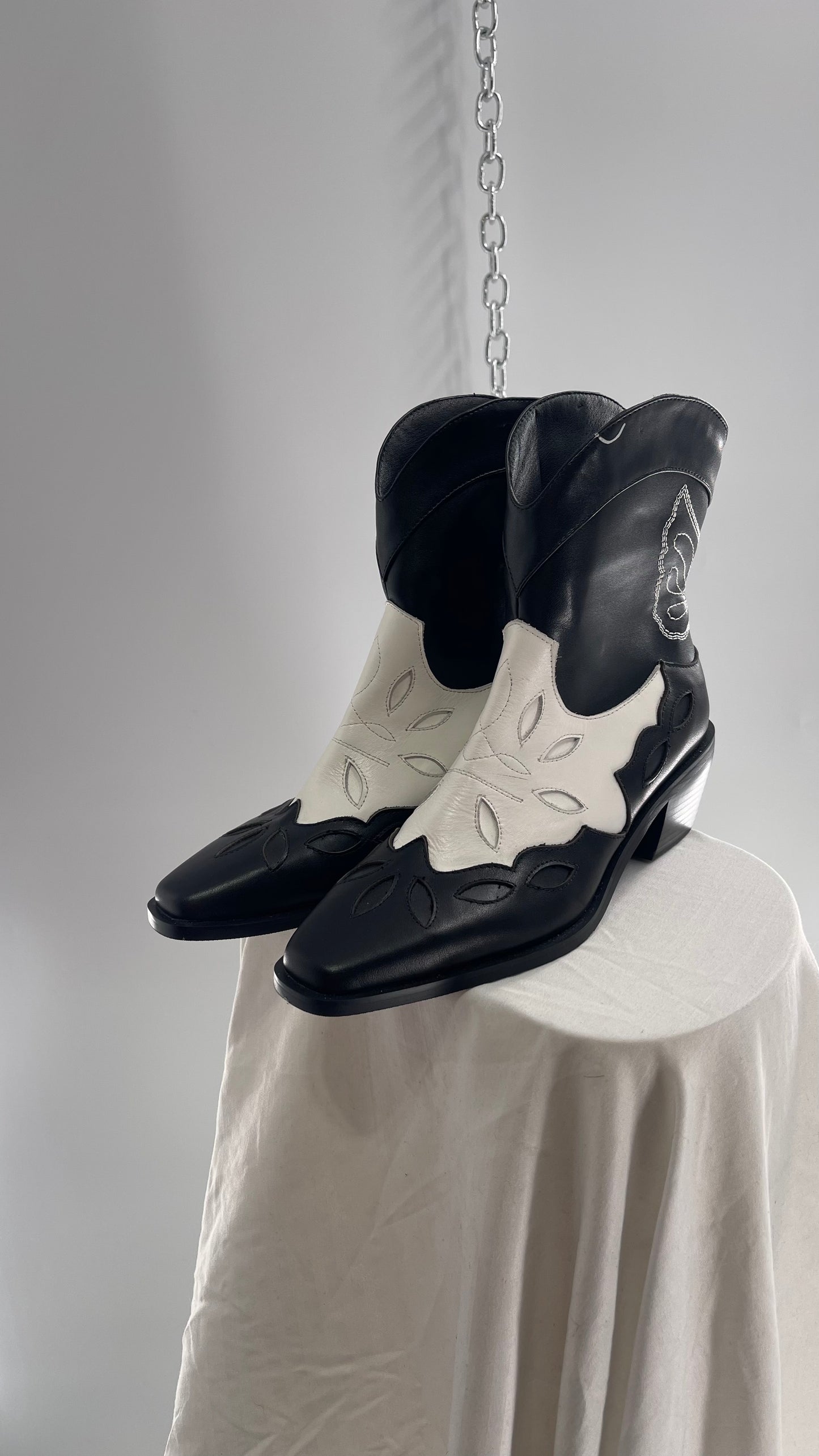 Black and White Cowboy Boots with Embroidered Butterfly Wings on Back (40)