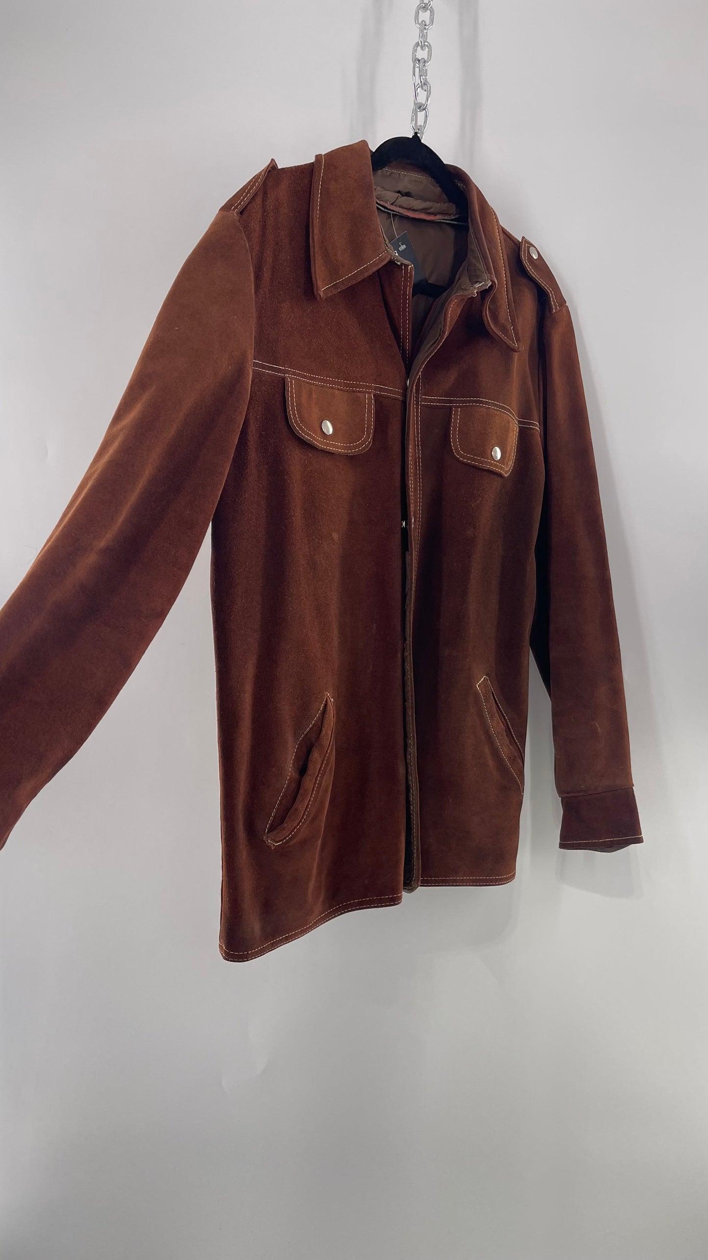 Vintage Brown Suede Jacket with Contrast White Stitching (C)(Large)