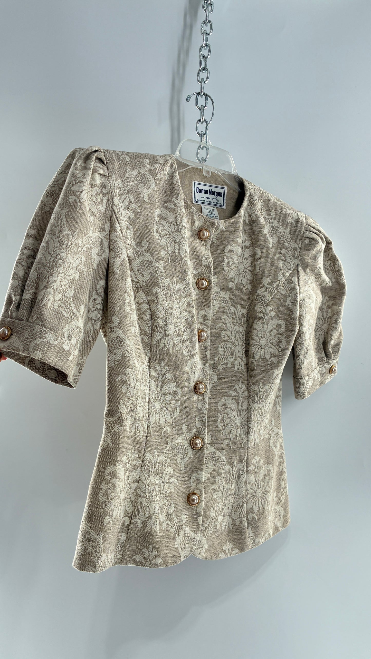 Vintage Suit Set with DONNA MORGAN Jacquard Puff Sleeves Tailored Slim Waist Suit Jacket with Upcycled Woven Mini Skirt (6)
