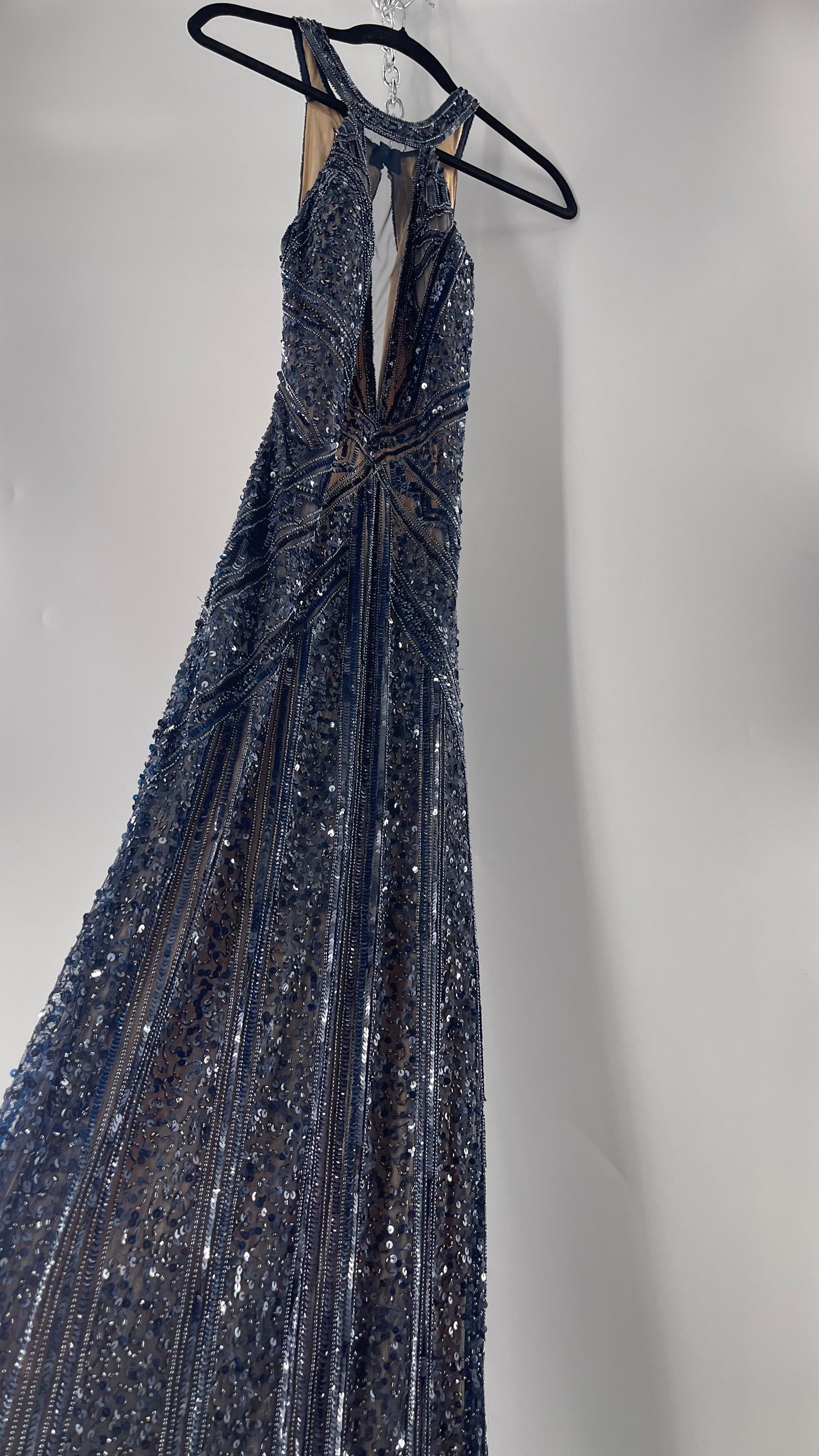 Vintage SCALA Navy Blue Beaded Floor Length Gown with Plunging Neckline, Backless Detail, and Tan Underlay (C)(4)