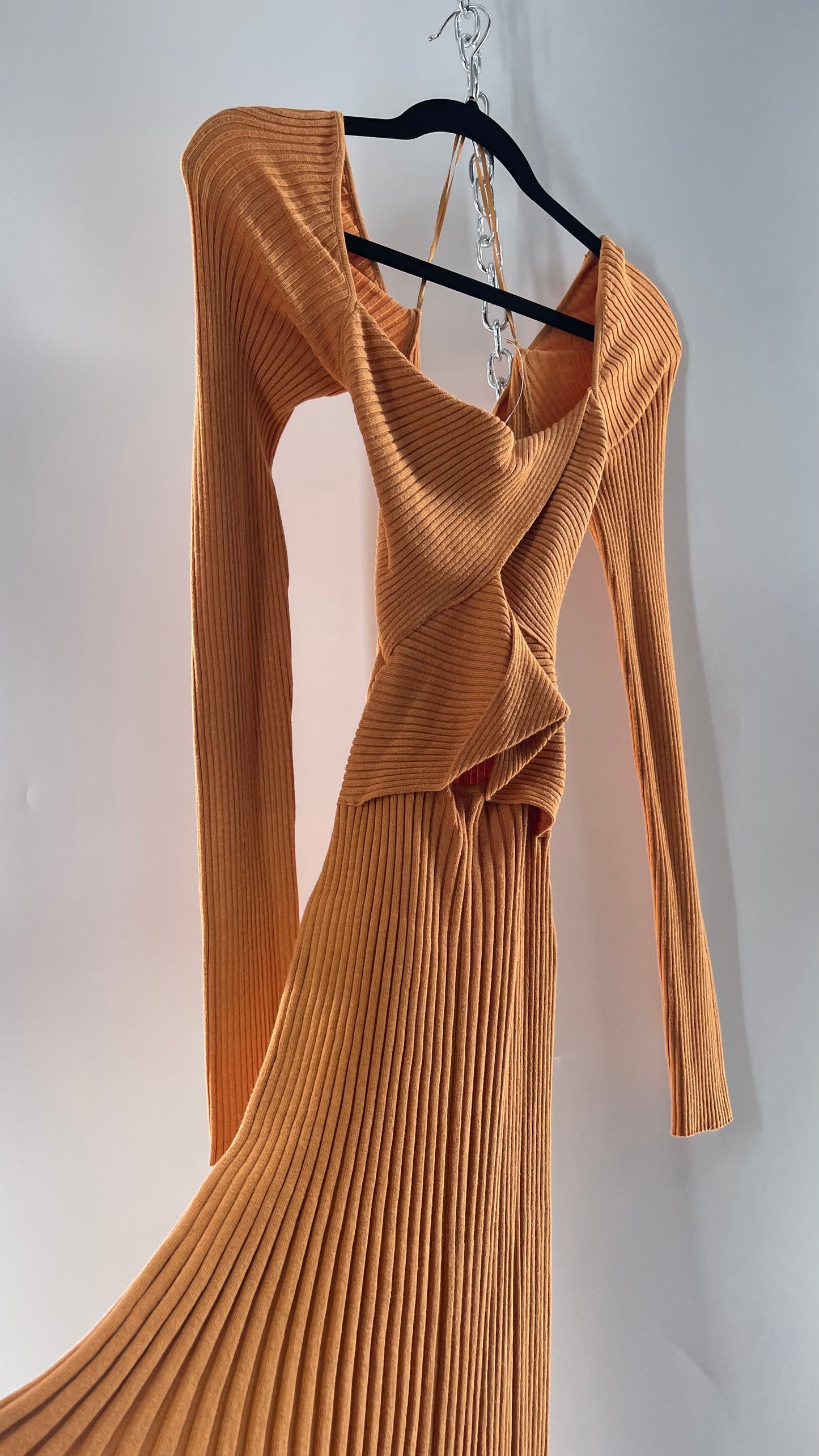Free People Orange Ribbed Knit Maxi Dress with Cross Over Exposed Midriff Dress (Medium)