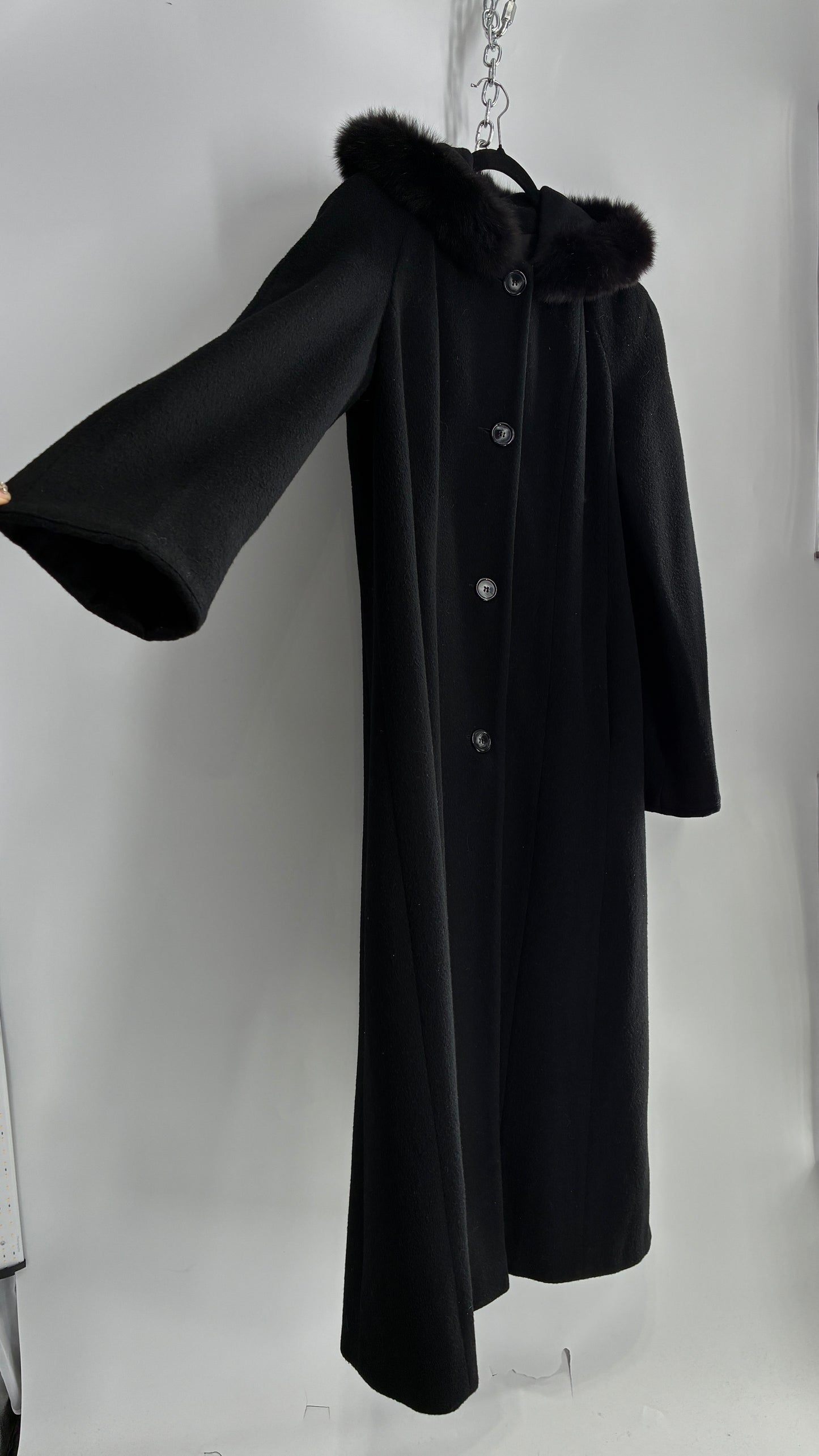 Vintage ANDREA COLLECTION Black Wool Blend Full Length Coat with Fur Trim Hood (12)