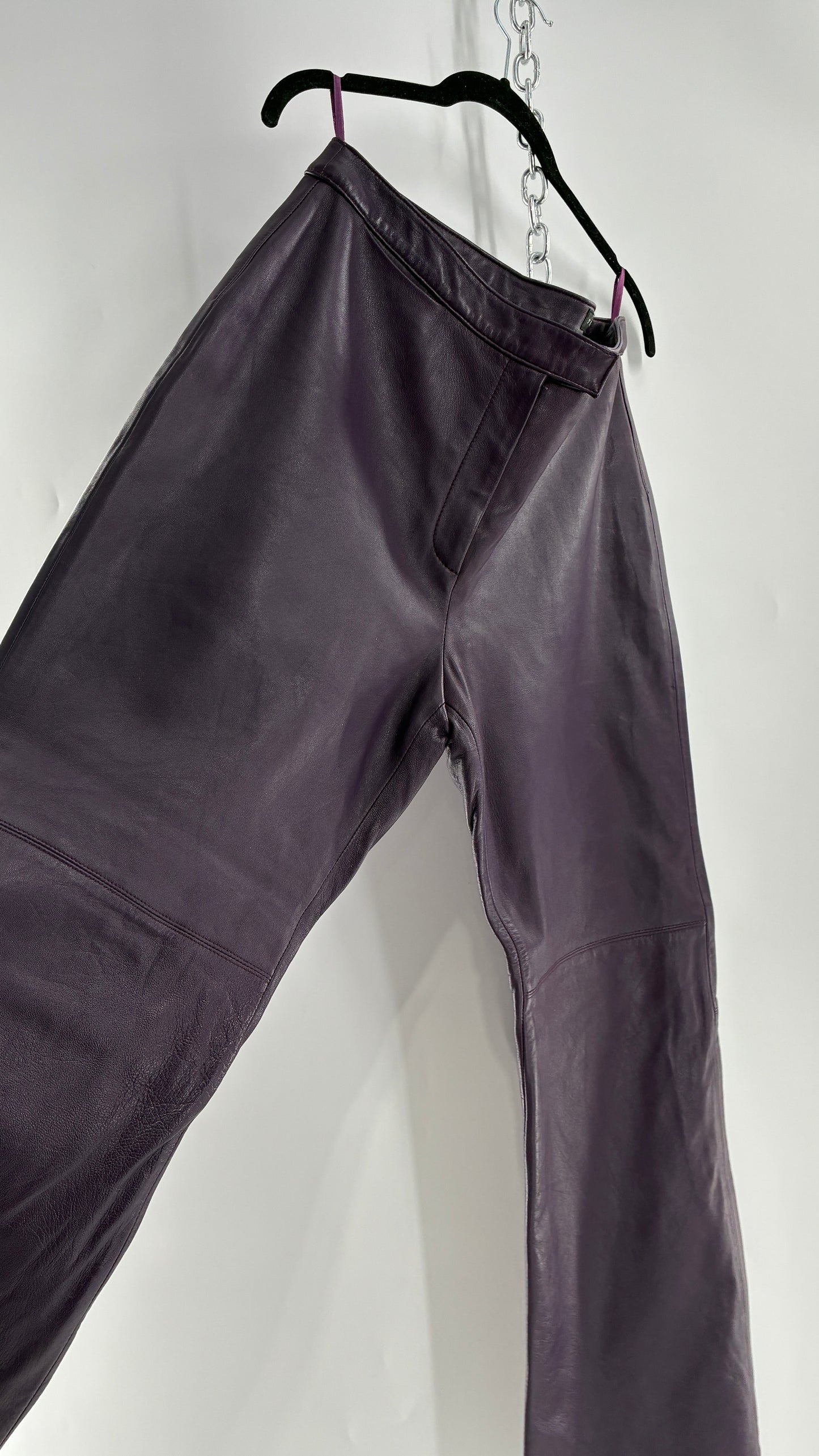 Vintage SHIN CHOI Genuine Italian Leather Purple Side Closure Low Rise Pants (12)