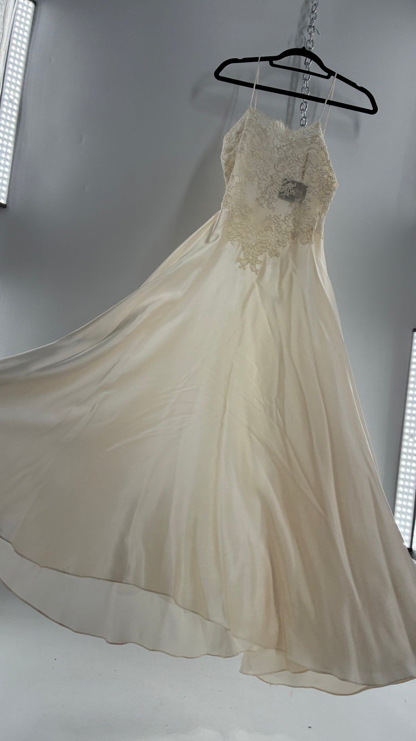 Vintage JONQUIL 100% Silk Gown with Heavy Lace Appliqués and Low Cut Sheer Back (Medium)