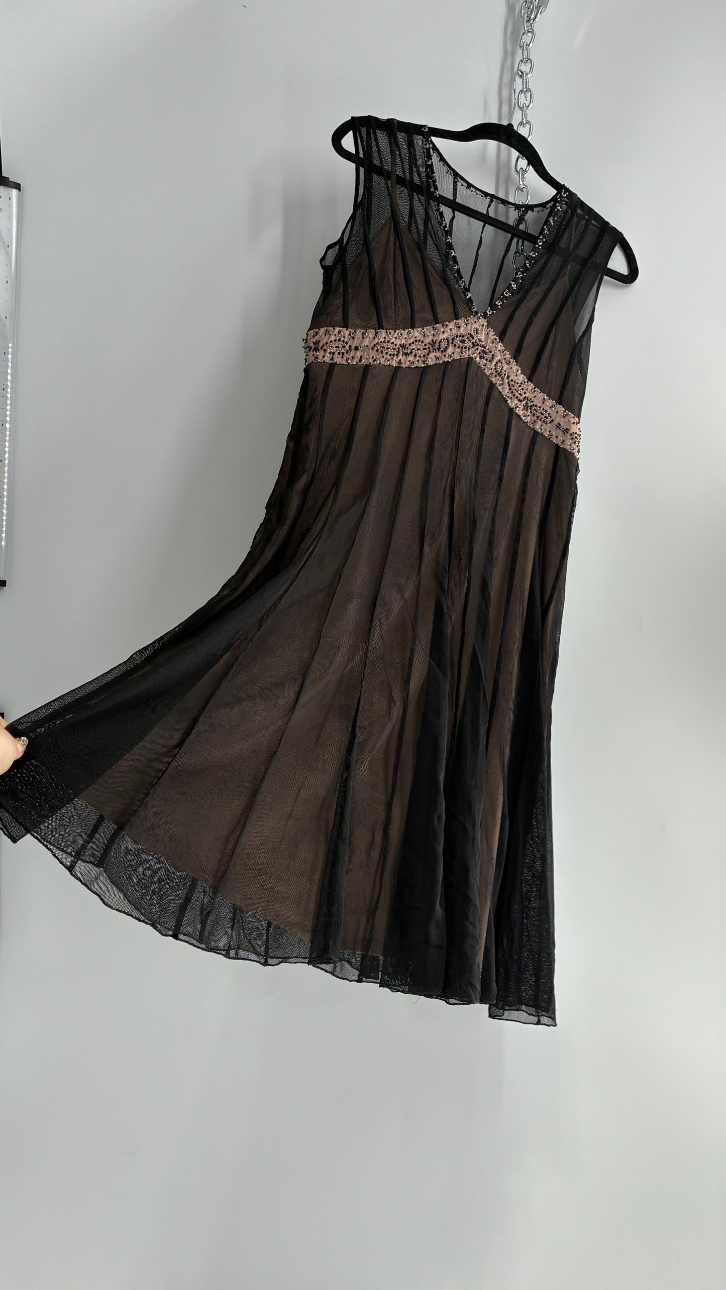 ECI NEW YORK Nude Camisole Dress with Black Mesh Overlay and Beaded Details (8)