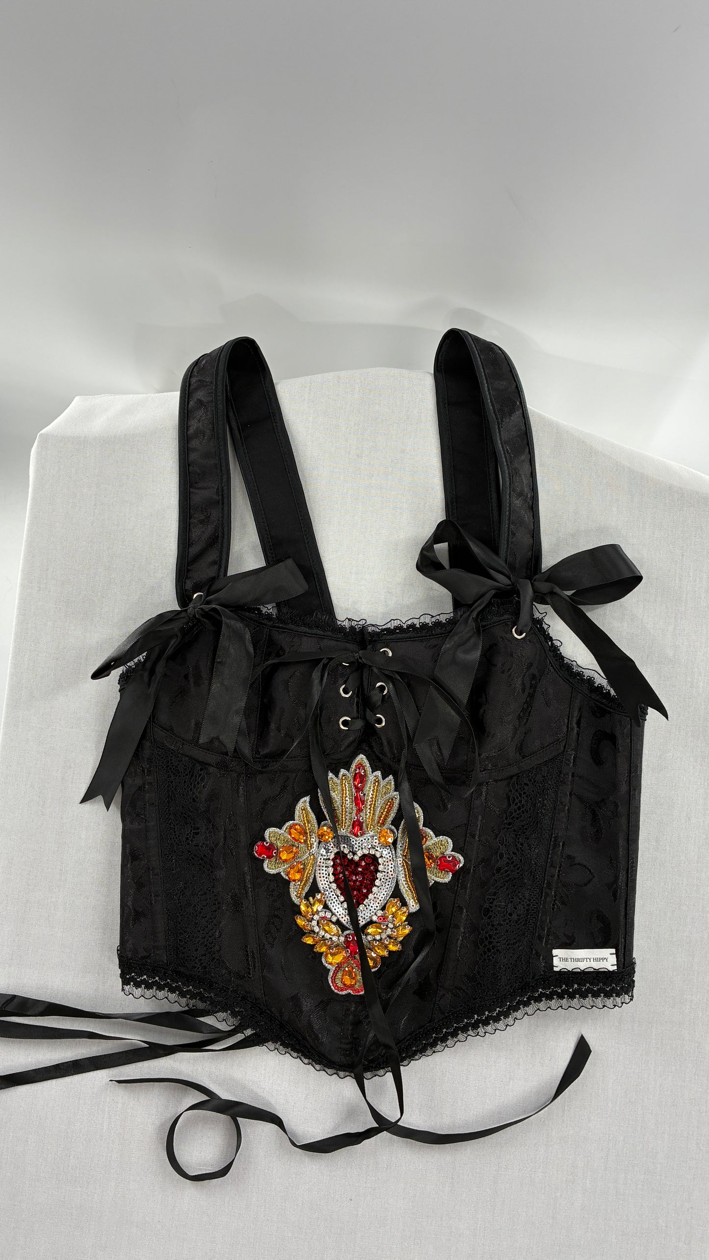 Custom Black Jacquard Corset, Handmade with Heart Appliqué, Bows, Embroidery, Gemstones, Lace and Ruffles (S/M)