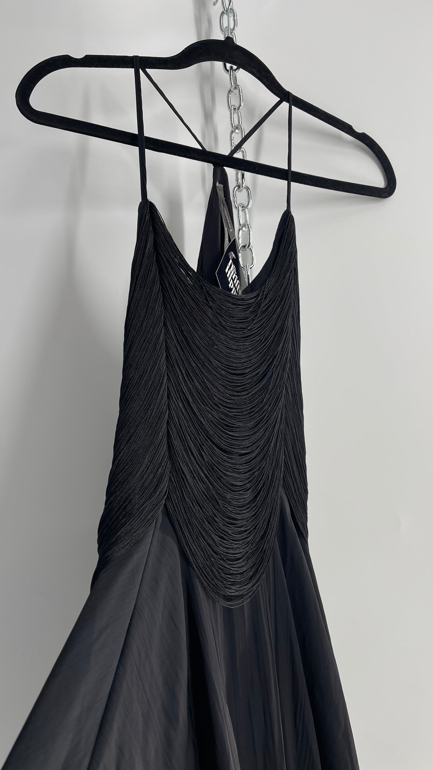Anthropologie Black Handkerchief Hem Midi Dress with Heavy Draped Rope Bodice (4)