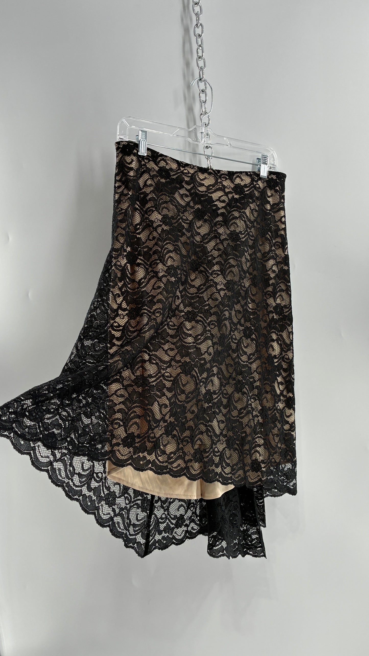 Vintage HEART MOON STARS Black Lace Overlay + Nude Underlay Skirt with Low Wired Back, Ruched Bum, and Button Down Back(8)