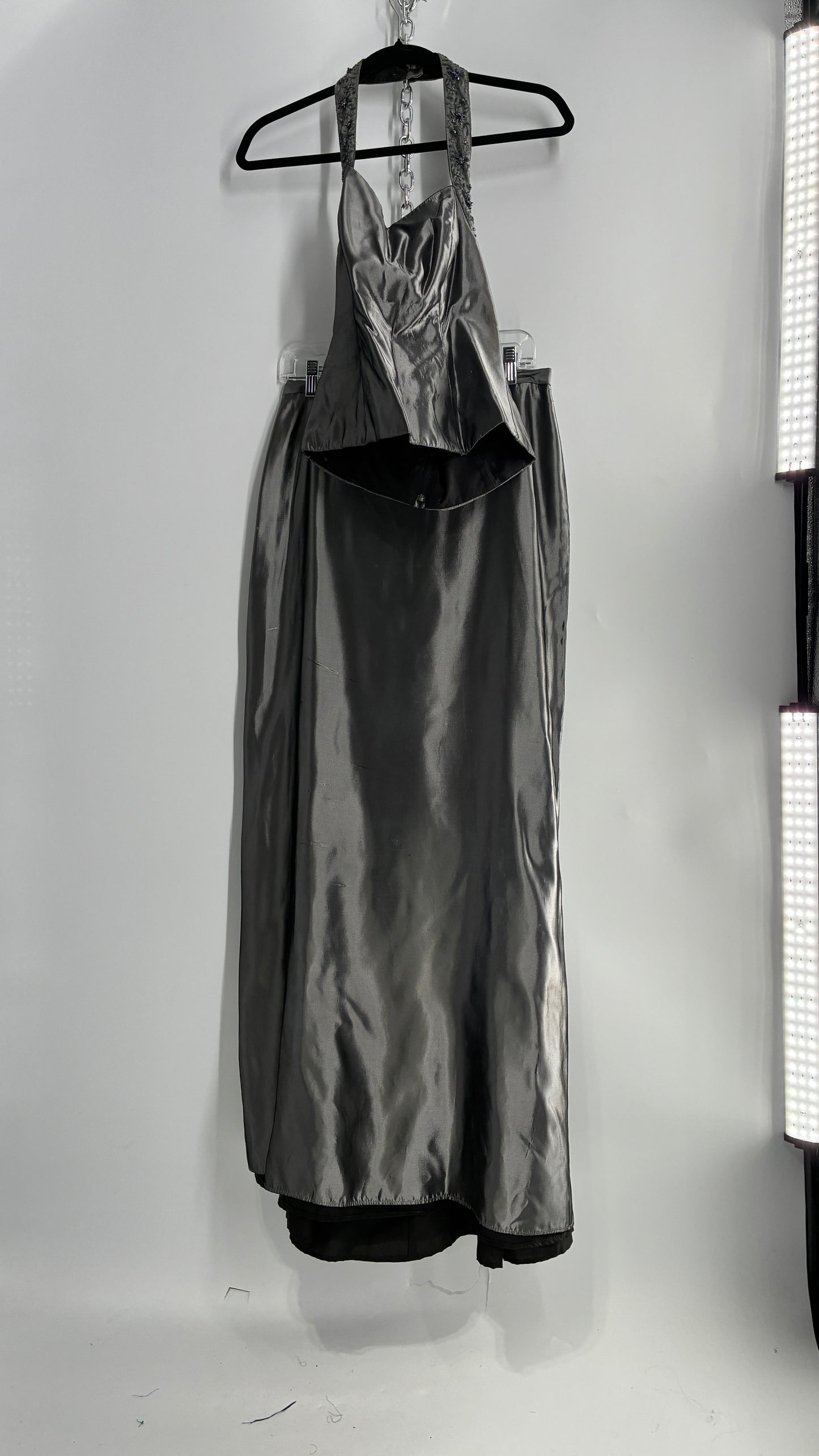 Vintage 1990s Davids Bridal SET Metallic Silver Corseted + Beaded Halter and Full Length Skirt (6Top, 8Skirt)