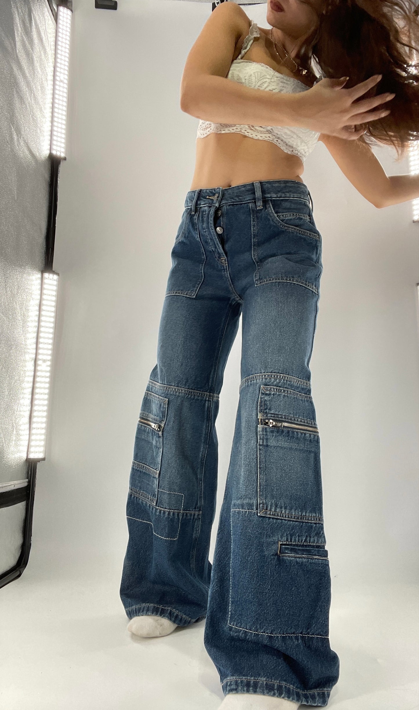 Free People Medium Wash Baggy Straight Legs Jeans Covered in Zippers, Pockets, Stitching (28)