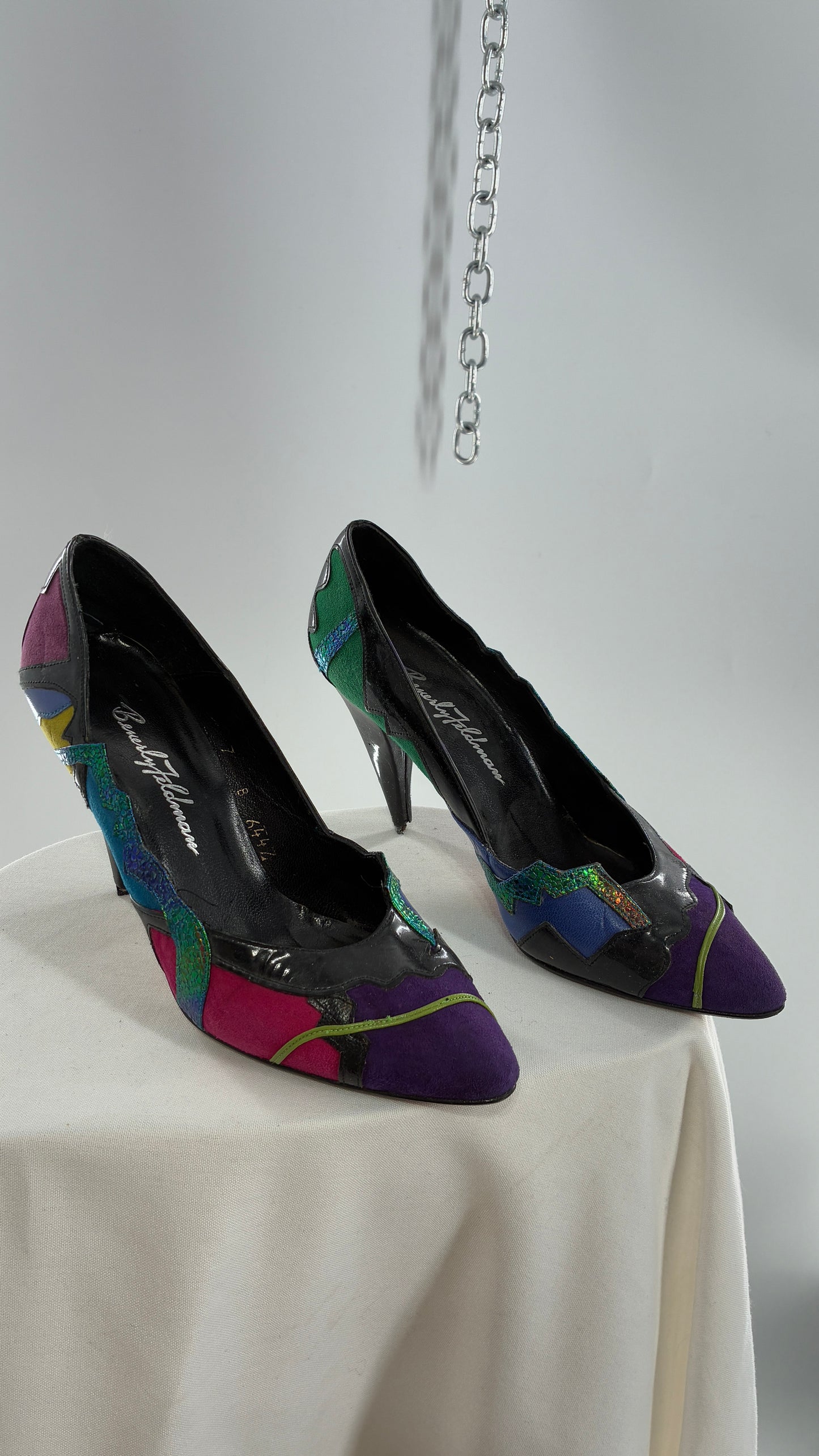 Vintage Beverly Feldman 1980s Retro, Abstract, Color Block and Iridescent Curved Heels (7)