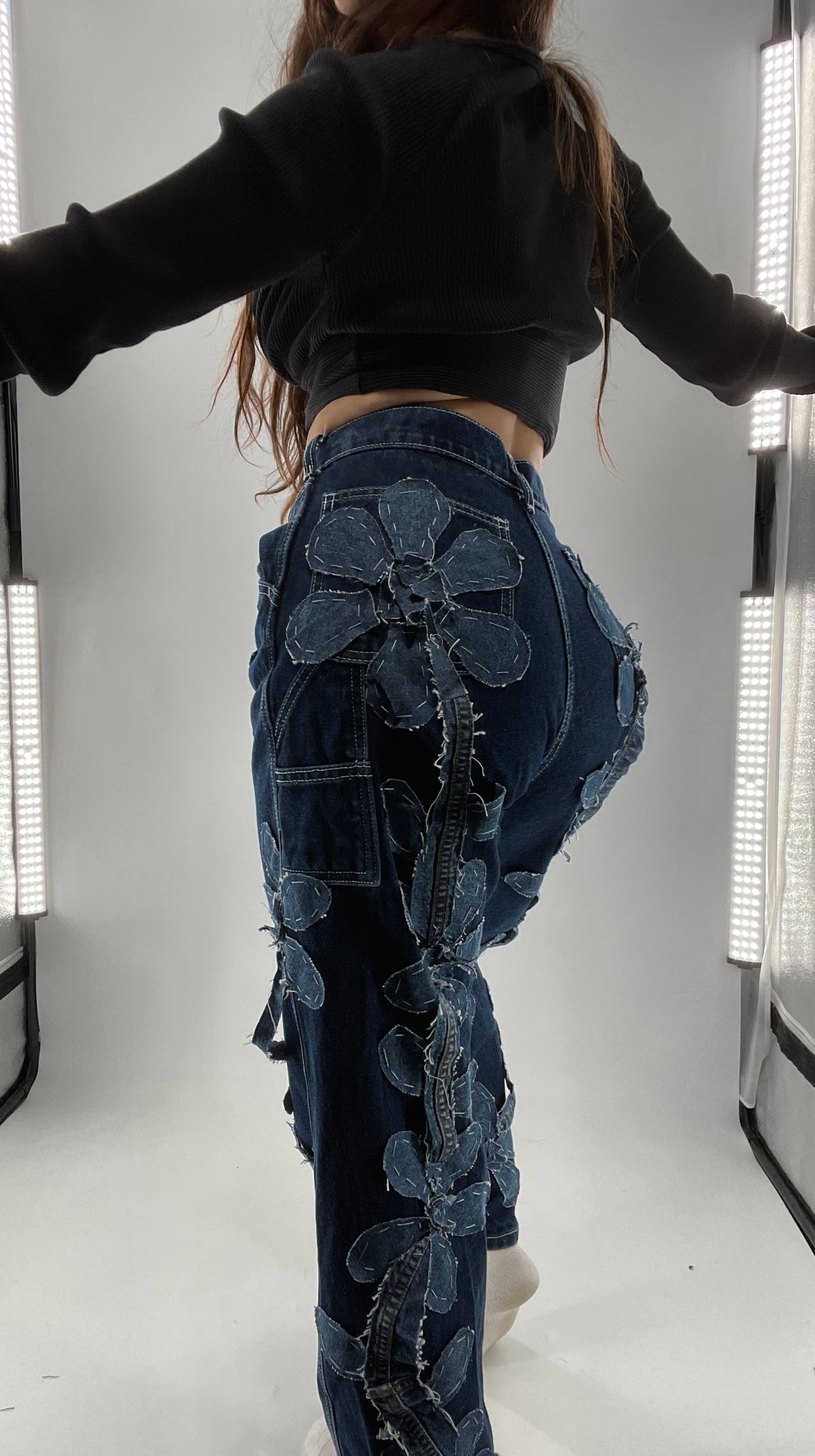 Handmade CUSTOM Dual Denim Tone Floral Vine Cargo Denims (S)